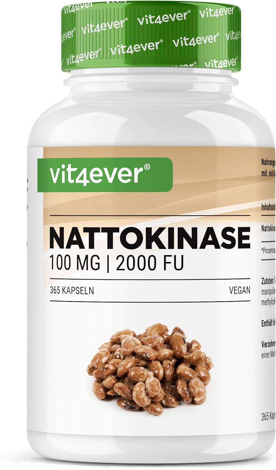 Detalle de Vit4ever Nattokinase – 365 Kapseln à 100 mg (20.000 UF/g), vegan, ohne Gentechnik