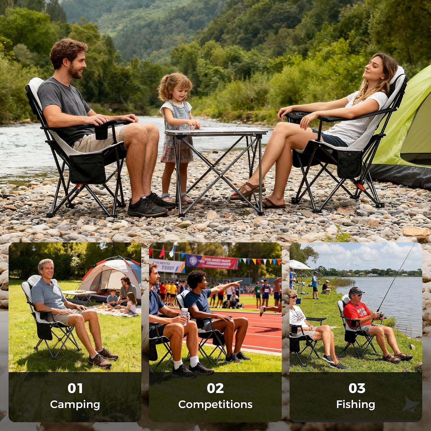 Detalle de OUTSIDER 3-Position Camping Chair for Adults – 350 lb Capacity with Pockets and Cup Holder