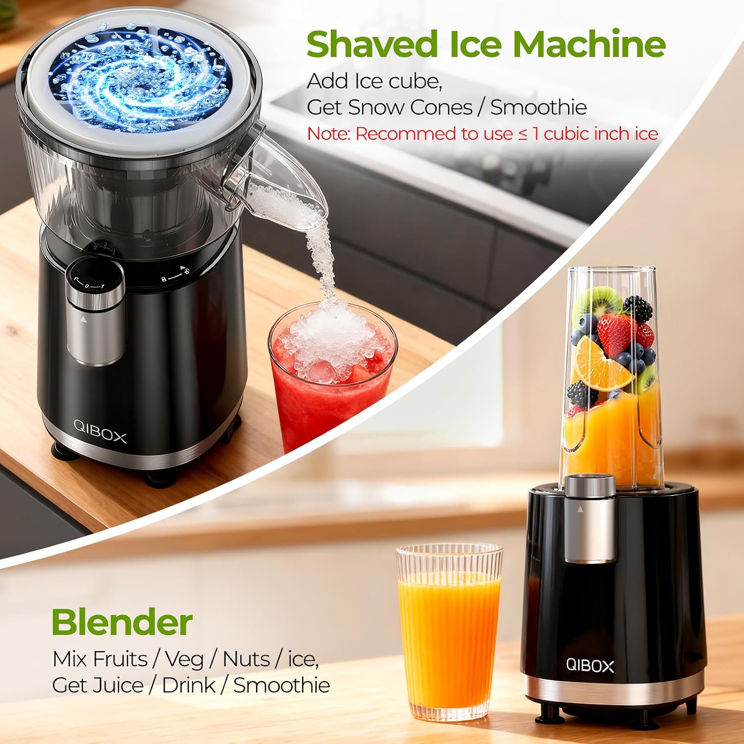 Detalle de QIBOX 2-in-1 Snow Cone Machine & Smoothie Blender 700W: A Practical Home Kitchen Workhorse