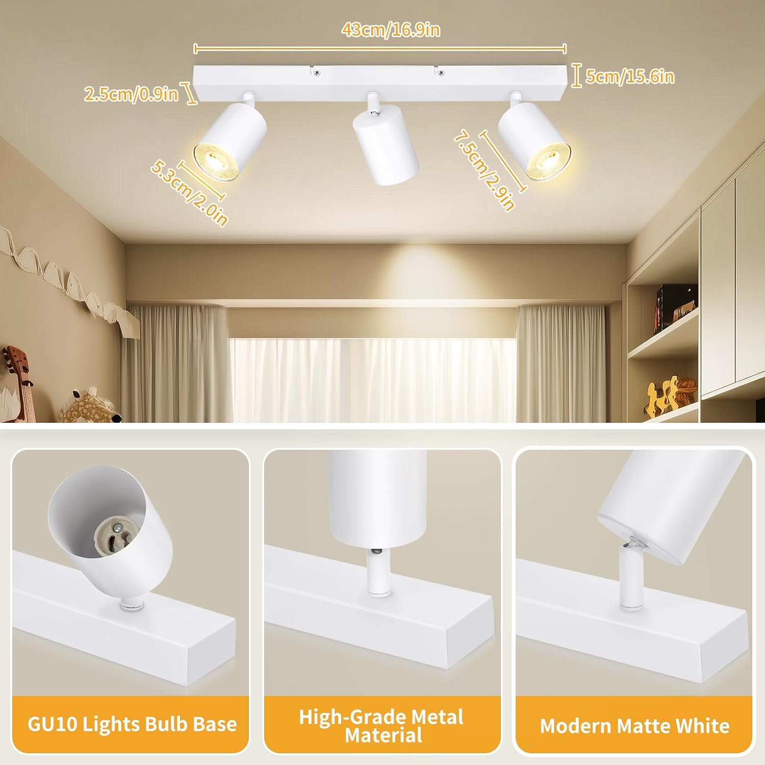 Thumbnail 1 de Dehobo plafonnier orientable à 3 spots blancs mat avec douille GU10 (sans ampoules)