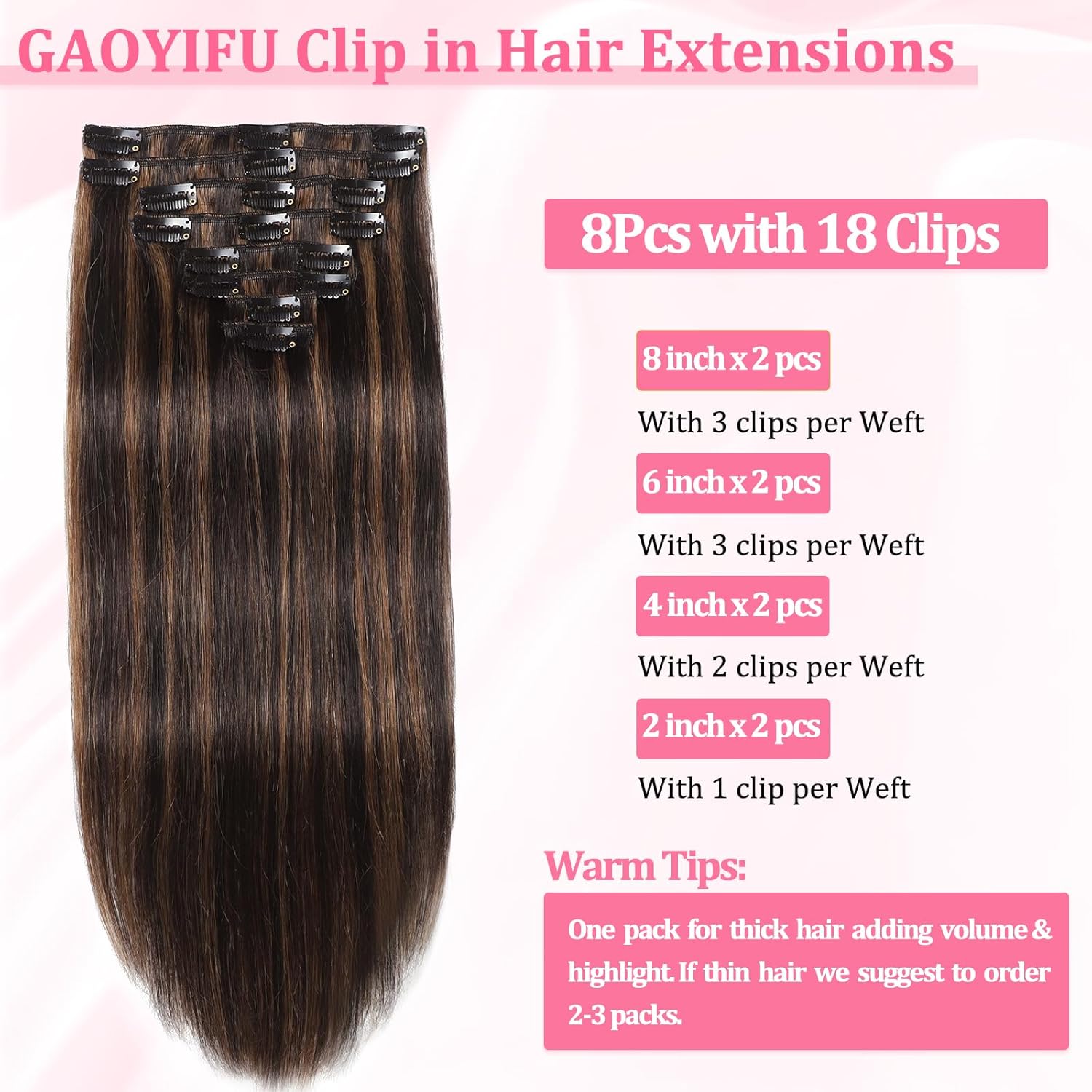 Thumbnail 2 de Real Human Hair Clip-In Extensions (Brazilian Remy) Seamless Balayage, Dark Brown/Chestnut Brown, 8 Pieces