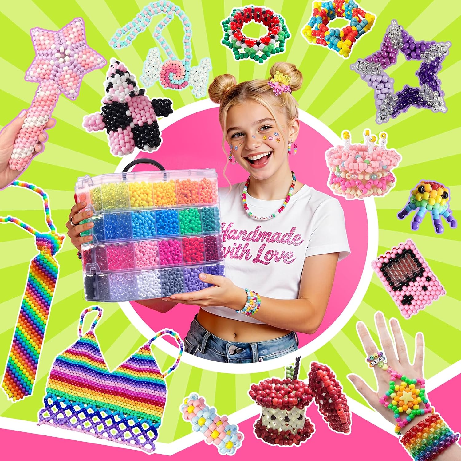 Detalle de Simetufy 14,000-Piece Pony Bead Set, 40 Colors, 6 x 9 mm Plastic Beads