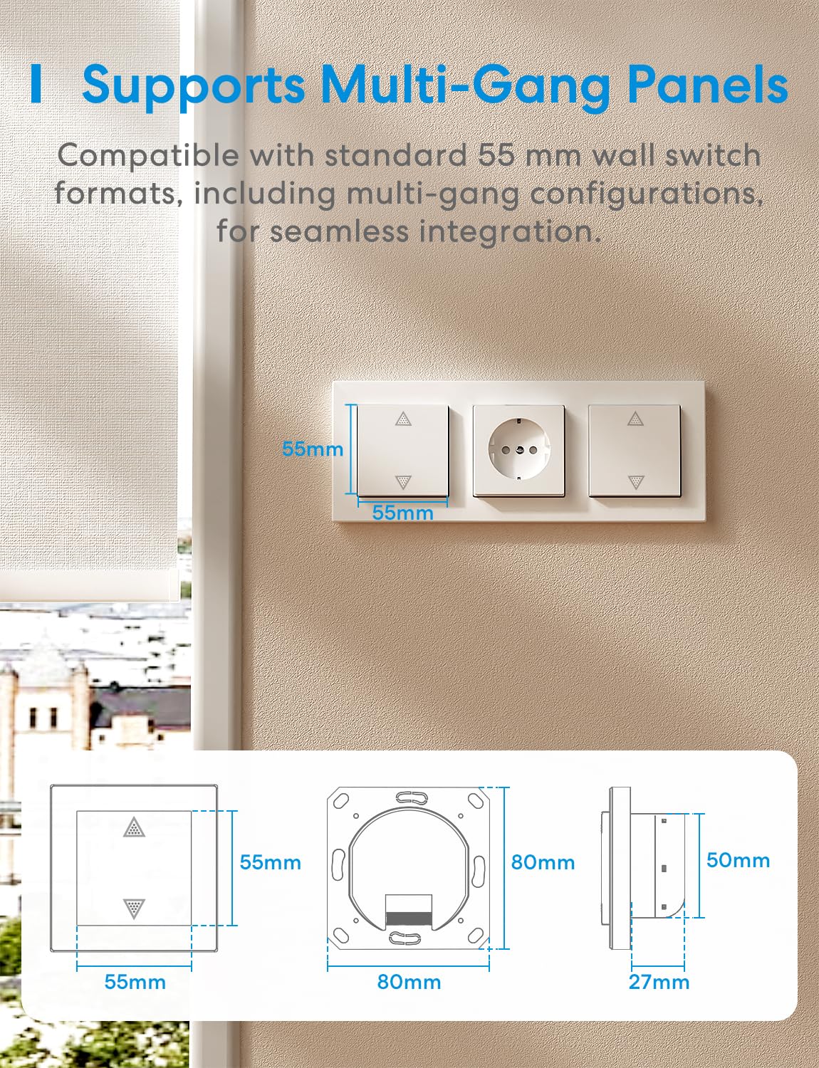 Detalle 2 de Meross Matter WLAN-Rolladenschalter Smart (NEUTRALKABEL ERFORDERLICH) – Elfenbein, 55×55 mm, 80×80 mm