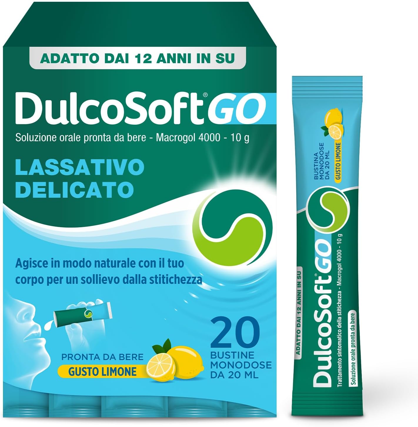 DulcoSoft GO Lassativo Delicato con Macrogol 4000 – Stick 20, gusto limone