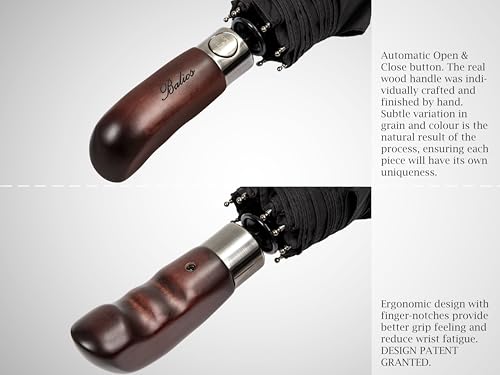Thumbnail 3 de Balios Folding Umbrella Real Wood Handle Auto Open Close Black
