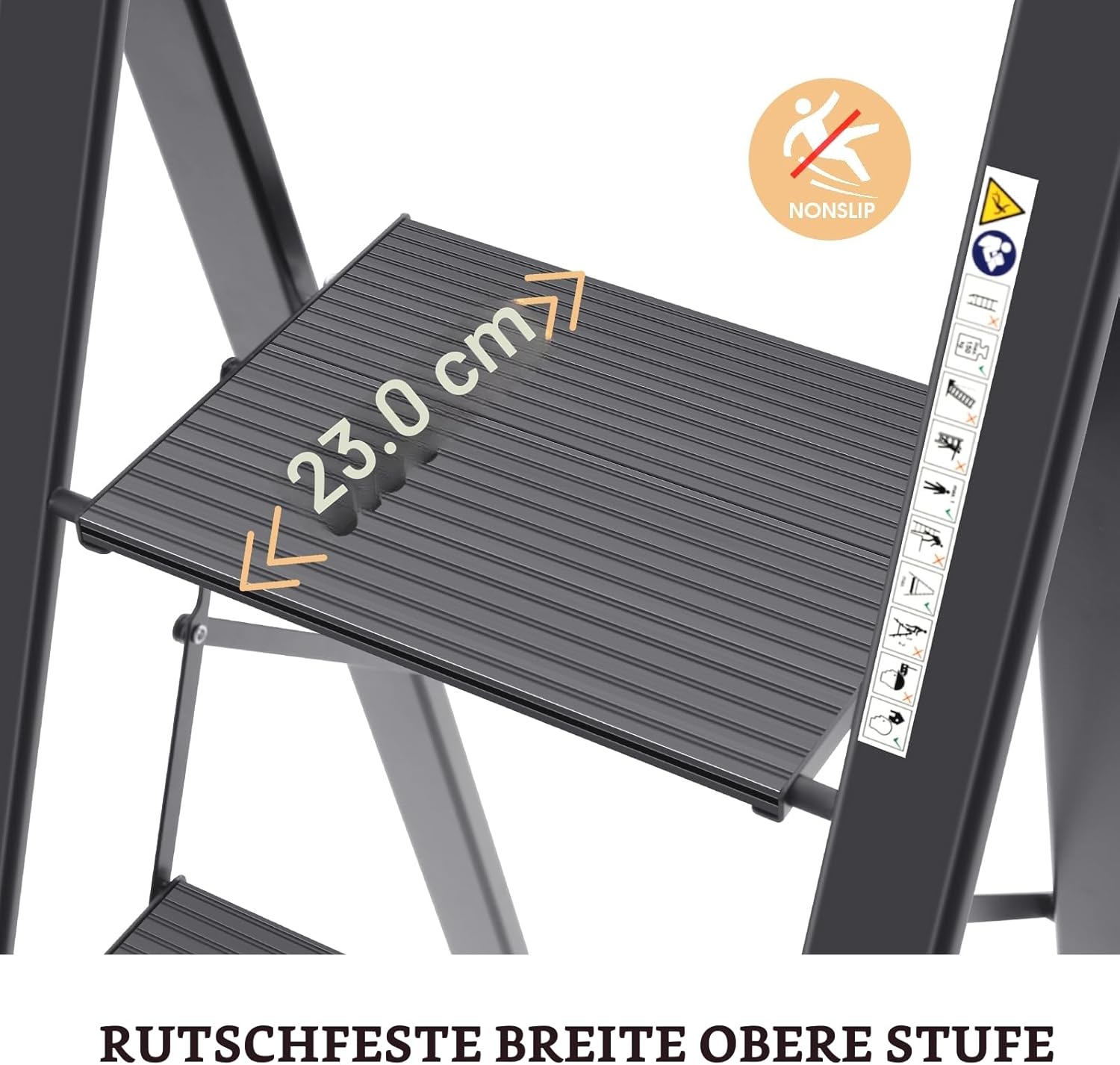 Detalle 2 de KINGRACK Aluminium-Leiter 4 Stufen, klappbar mit Handlauf – belastbar bis 150 kg