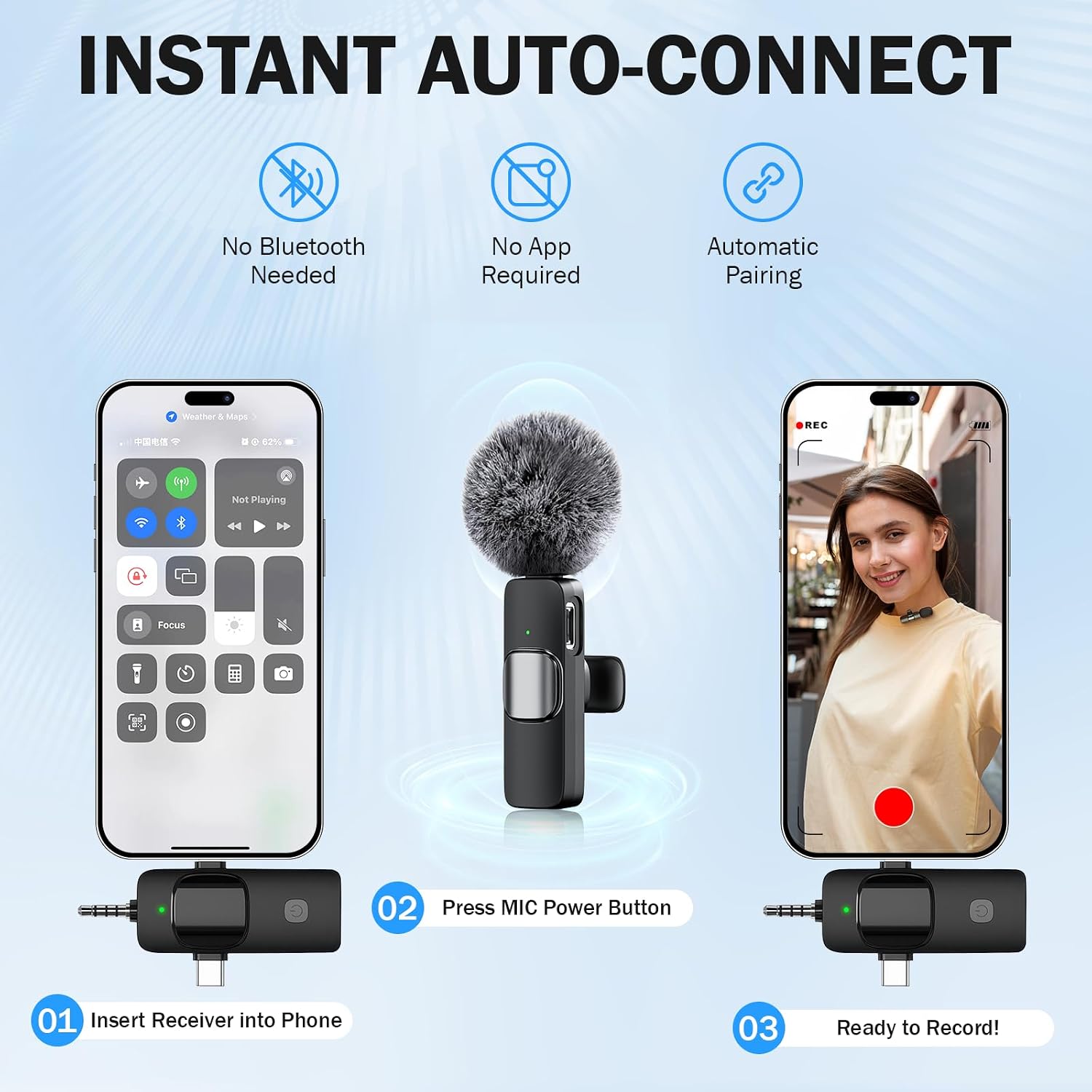 Detalle de SURPN Micrófono Inalámbrico de Solapa Plug-Play para iPhone y Android (lavalier mini) de 2,4 GHz