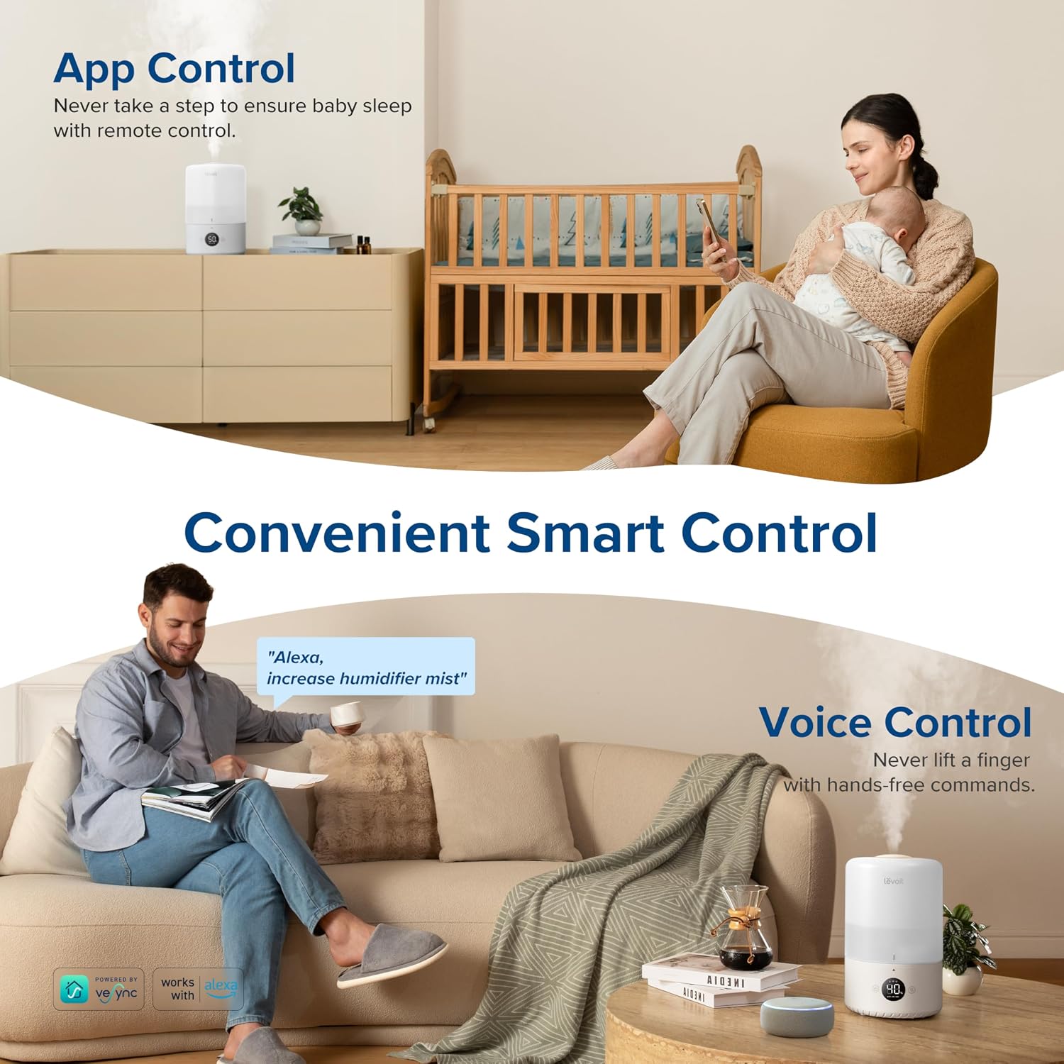 Detalle de Levoit Smart Cool Mist Humidifier for Bedroom (3L Top Fill) with Vesync, Alexa Control & Auto Mode