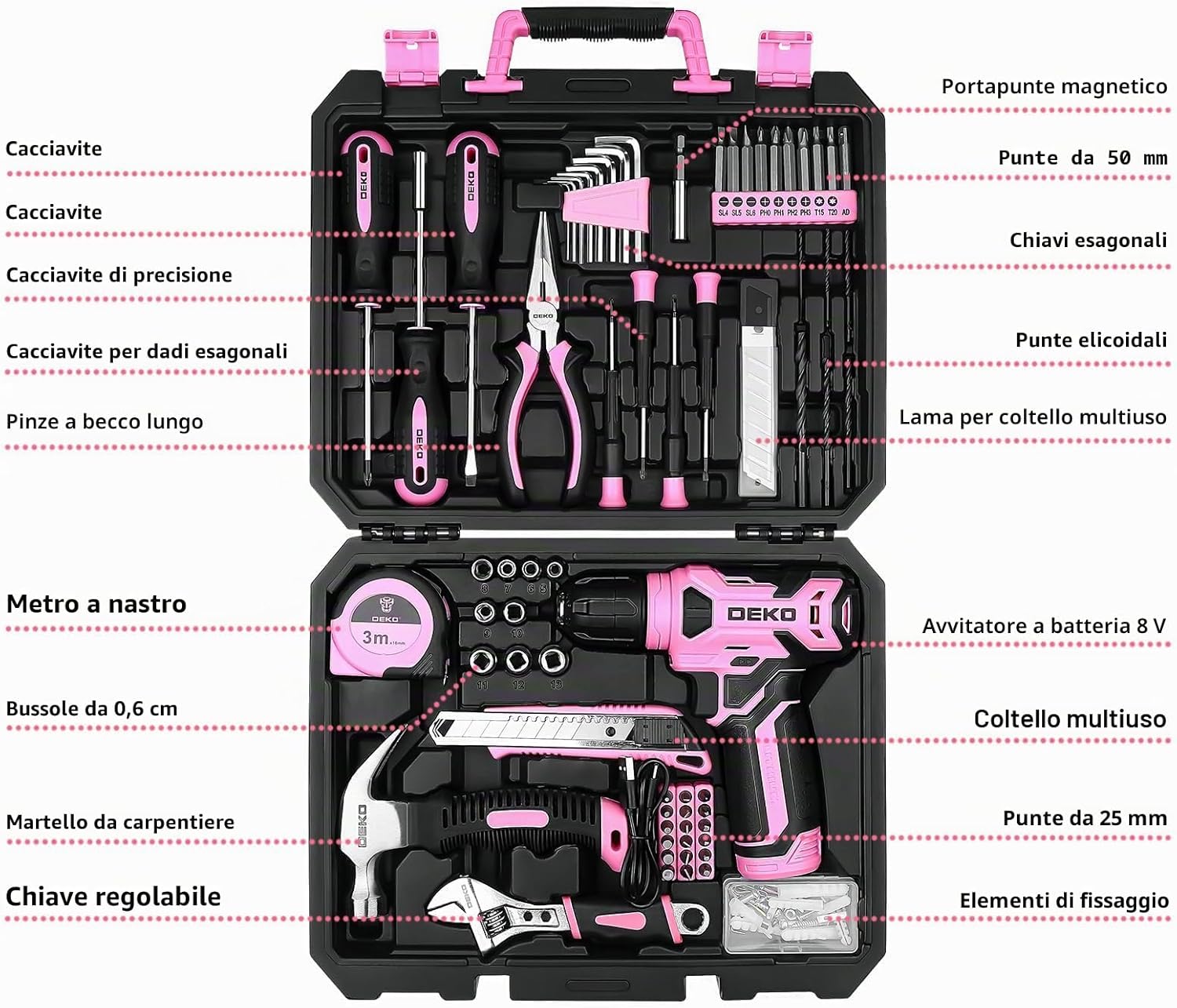 Thumbnail 1 de DEKO Cassetta Attrezzi Completa Rosa con Trapano Avvitatore 8V, 126 Pezzi