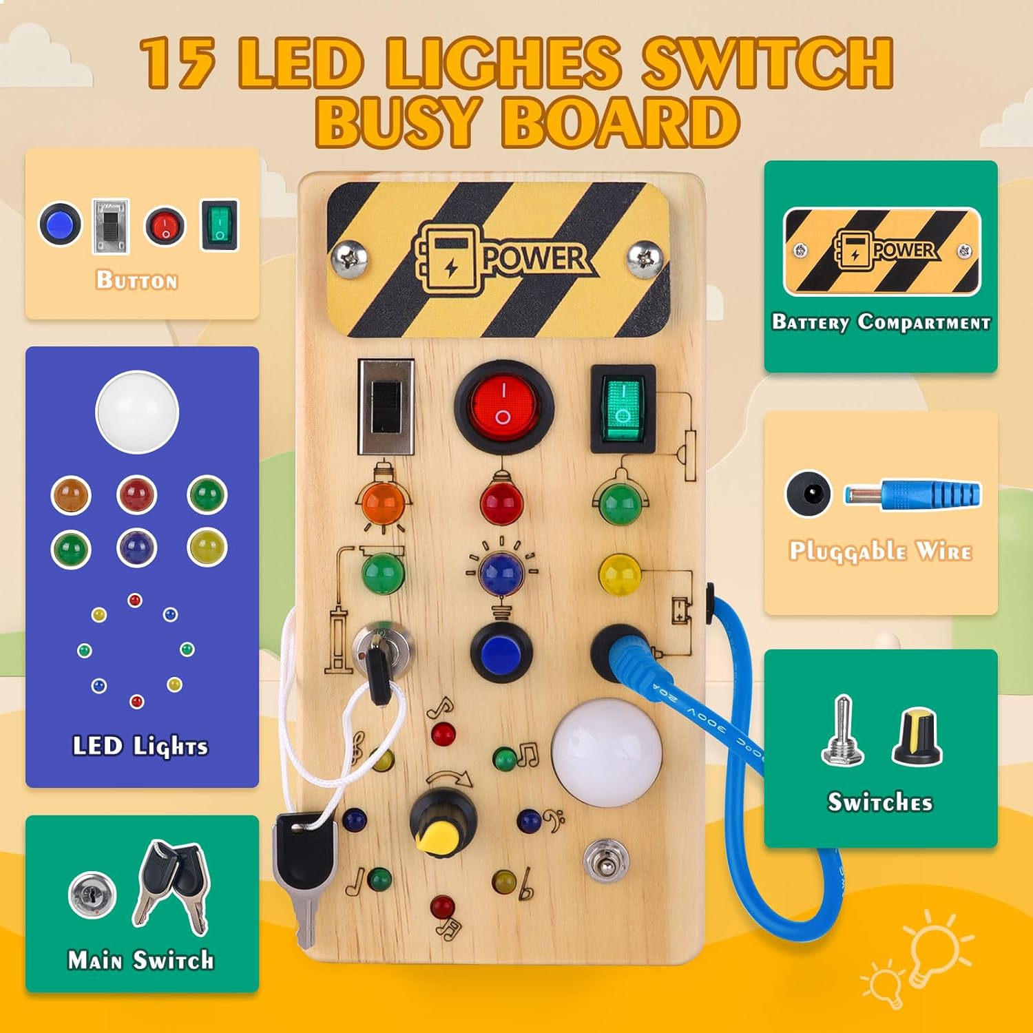 Detalle 2 de Hoarosall Montessori Wooden Busy Board with 8 LED Light Switches