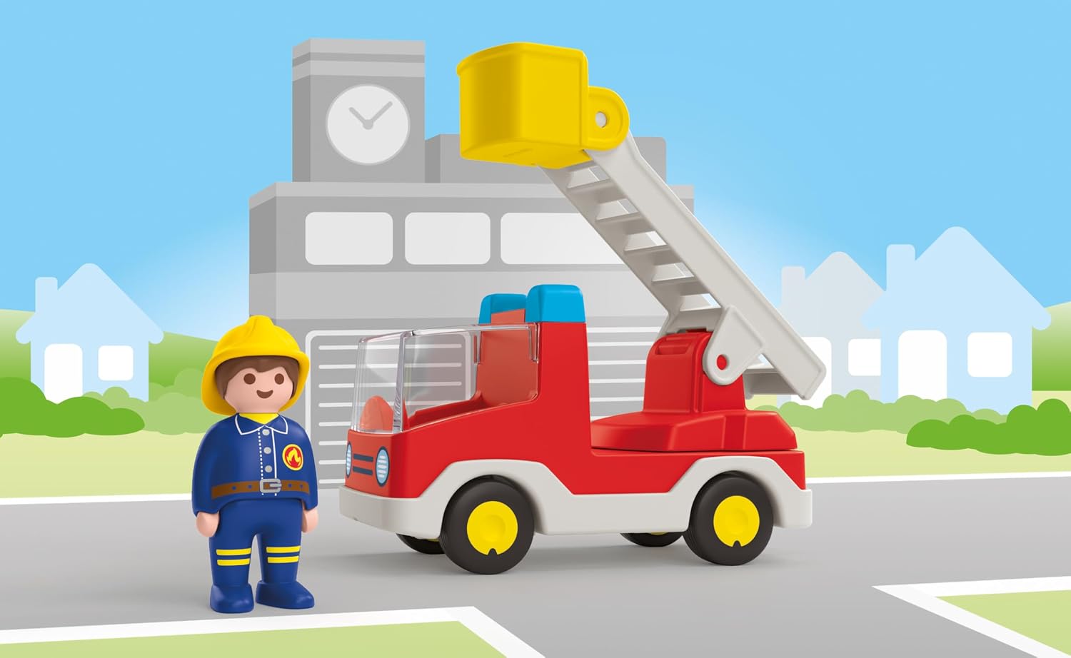 Detalle de PLAYMOBIL JUNIOR 71683 brandweerwagen met draaibare ladder en brandweerman