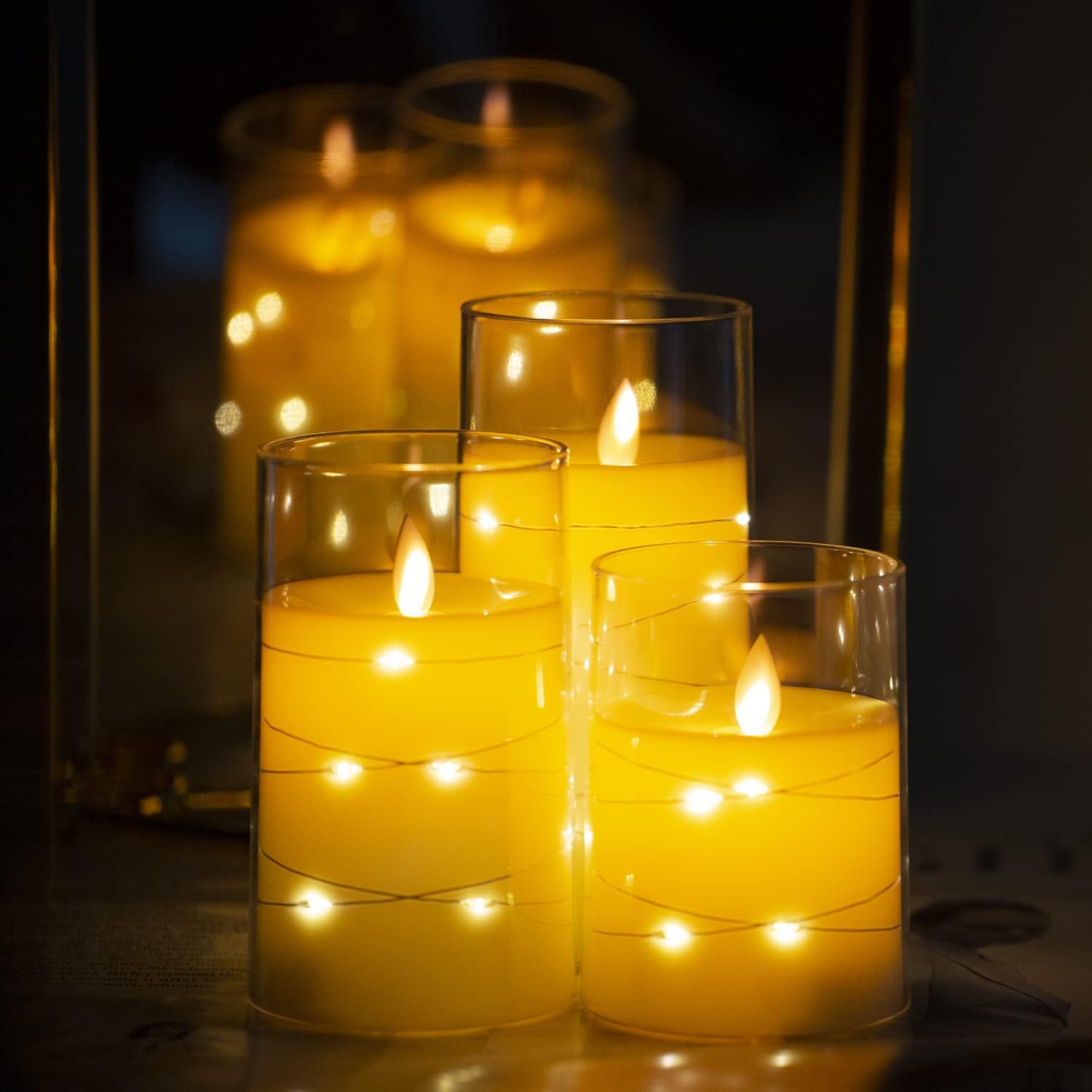 Thumbnail 5 de Salipt LED Flameless Candles, Battery Operated Flickering Candles Set of 3 (Glass Effect) with Remote Timer – Ivory