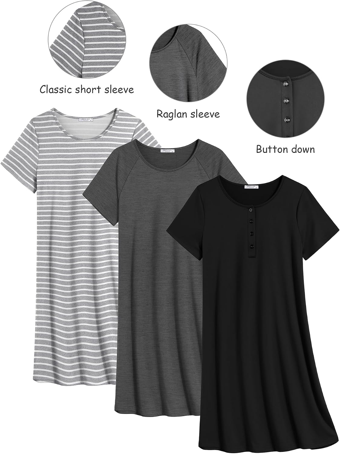 Thumbnail 6 de Ekouaer 3-Pack Women's Nightgowns, Short-Sleeve Sleep Shirts in Three Styles