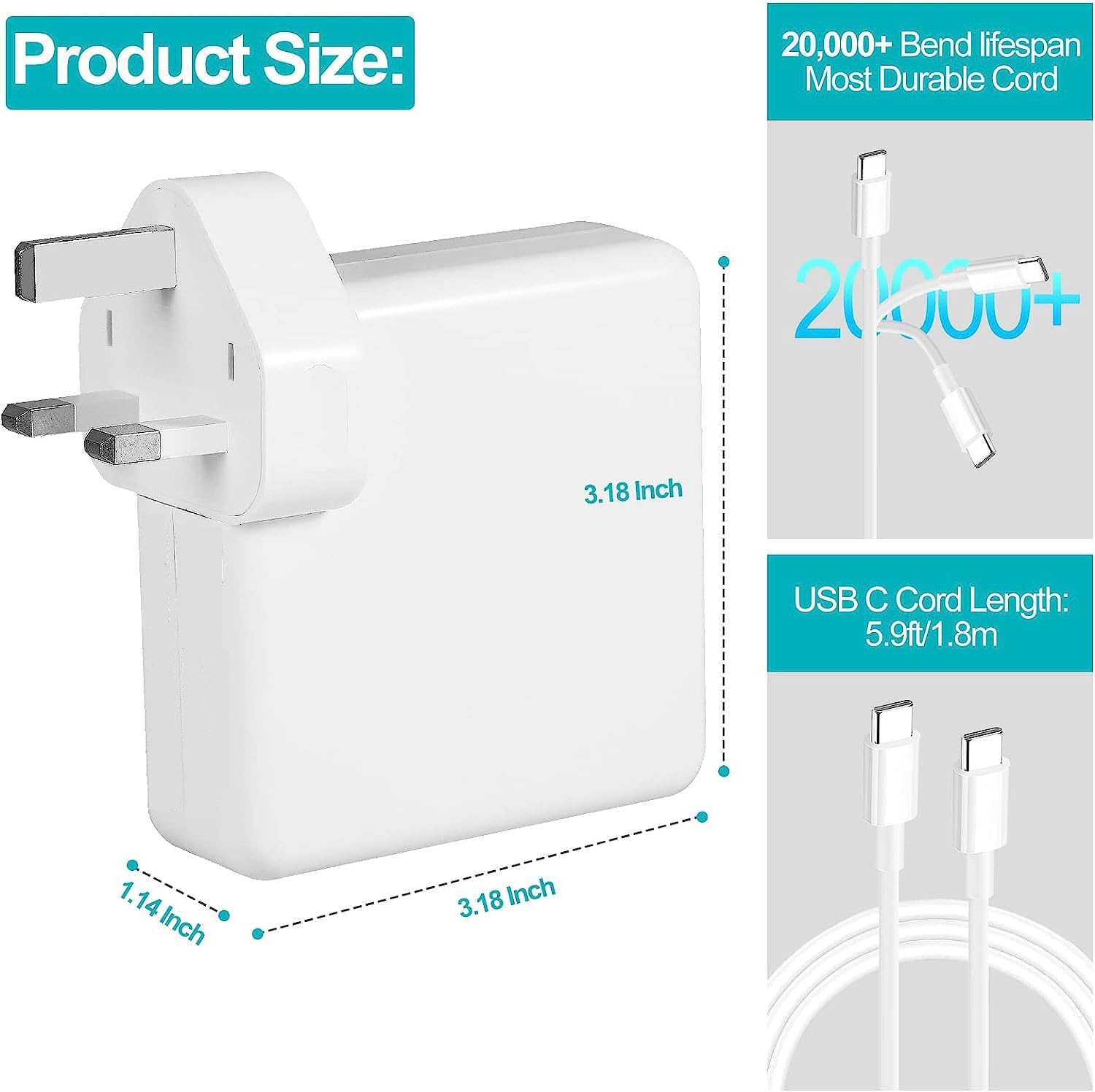 Thumbnail 4 de 96W USB-C Fast Laptop Charger (MacBook Pro/Air compatible) with foldable plug and 1.8M USB-C cable