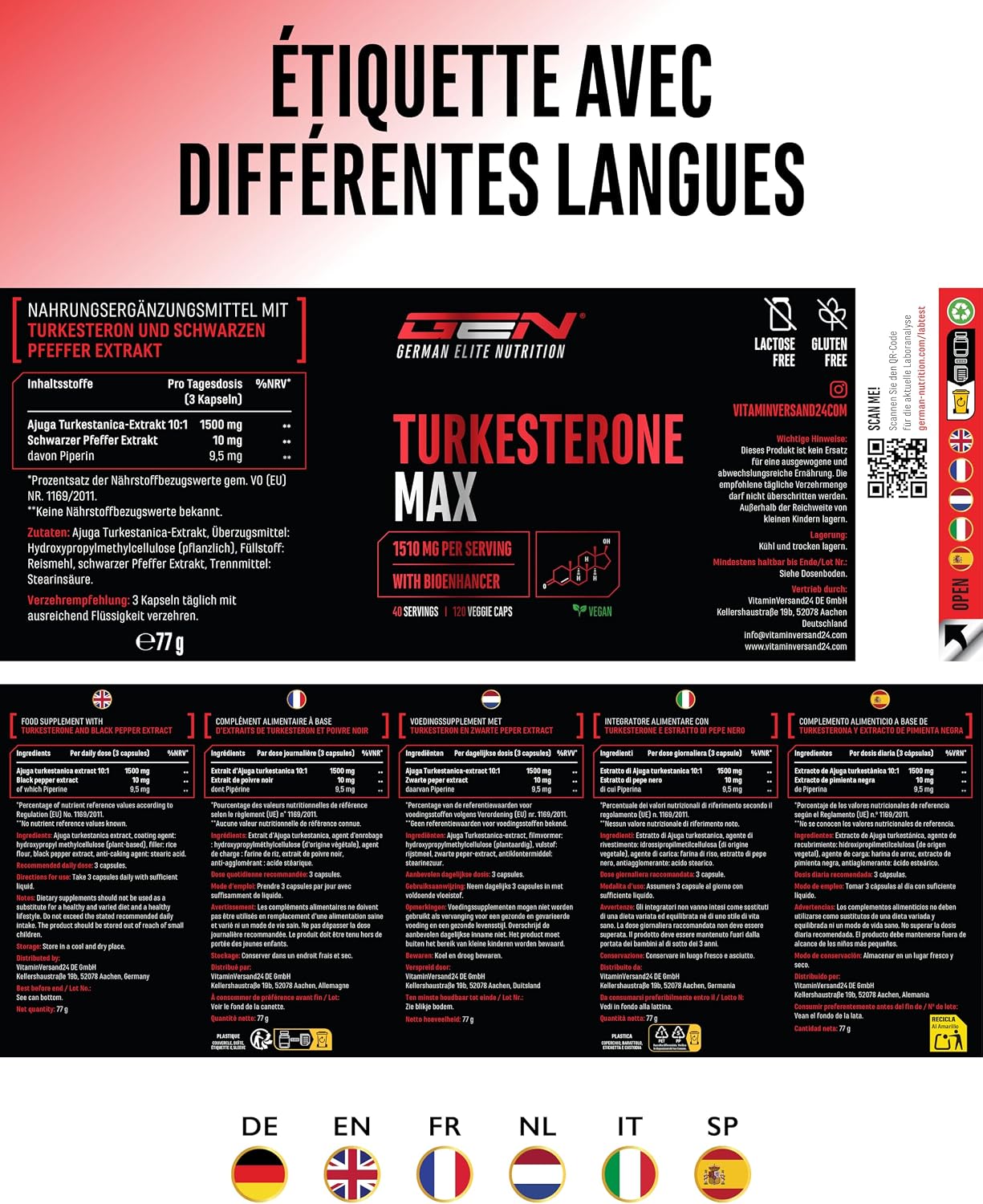 Detalle de Turkesteron Max GEN GERMAN ELITE NUTRITION – 120 capsules (1510 mg par portion journalière, vegan)