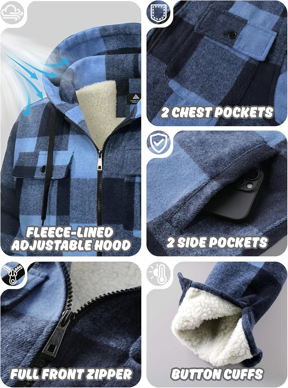 Detalle 2 de Ceoutdoor Men's Plaid Fleece Sherpa Jacket with Hood, Zip Front and 4 Pockets