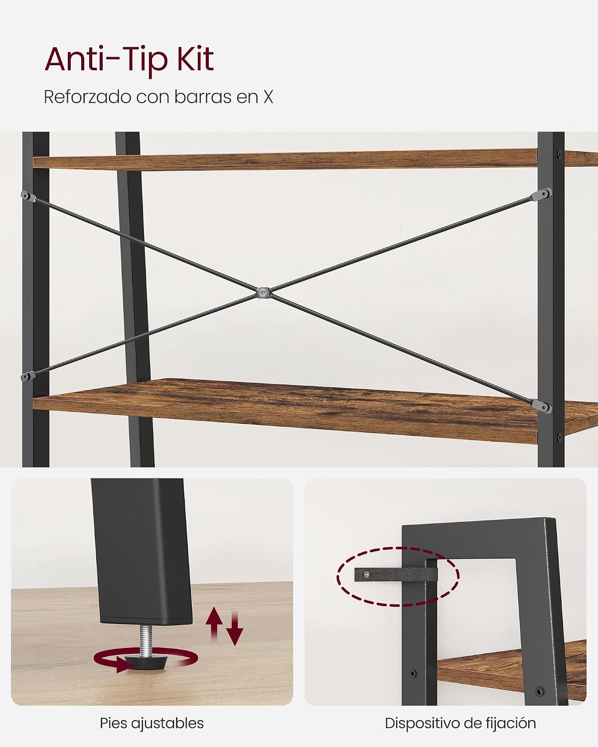 Thumbnail 6 de VASAGLE Ladder Shelf 4-Tier Bookshelf (LLS144B01) – Rustic Brown & Black, Steel Frame