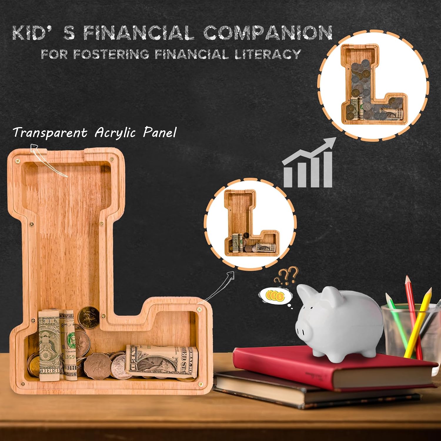 Thumbnail 2 de JOOMLAFLY Wooden Letter Piggy Bank: Large, Personalized Initial Coin Bank for Kids