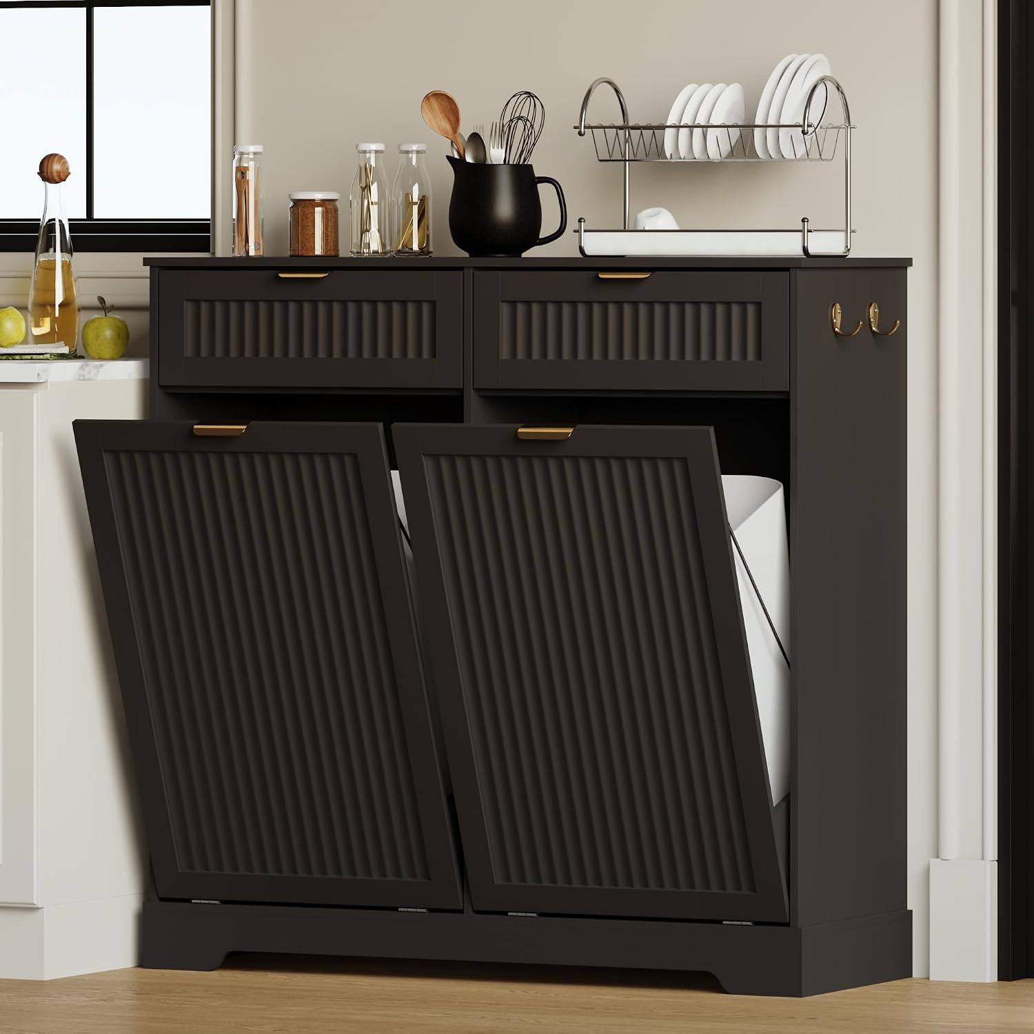 Detalle de METOTI HLG187-BK-01 Double Tilt-Out Trash Cabinet, 2 x 13-Gallon Capacity