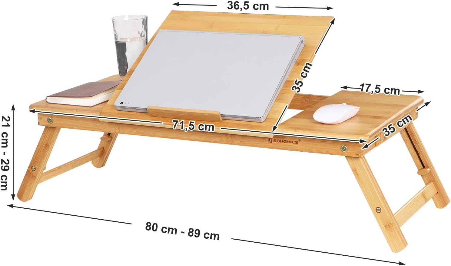 Detalle de SONGMICS Laptoptisch LLD004: klappbar, höhenverstellbar mit Schublade (Bambus, 71,5 x 35 cm)