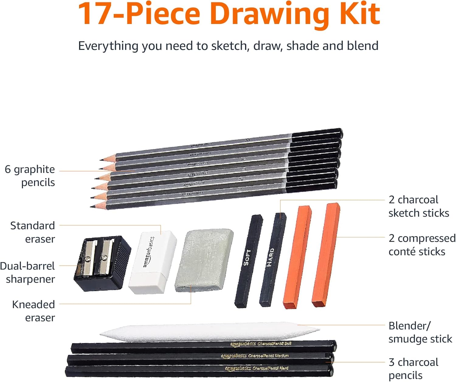 Thumbnail 1 de Amazon Basics Set pour artistes fusain 17 pièces (graphite & fusain) pour croquis