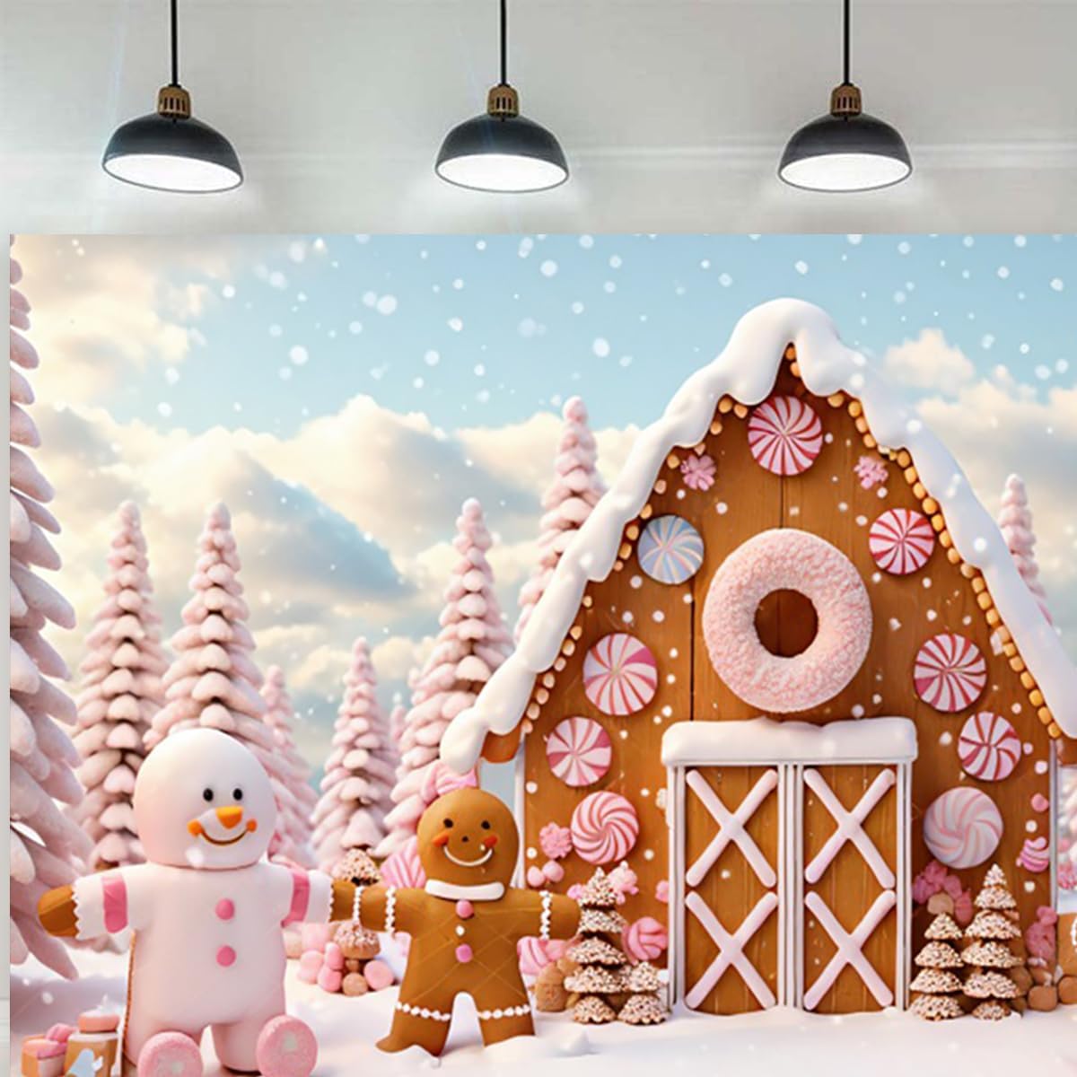 Thumbnail 2 de GCIREC 7x5ft Weihnachts Hintergrund Rosa Süßigkeiten Lebkuchen Winter Karikaturen – Fotokabine Requisiten