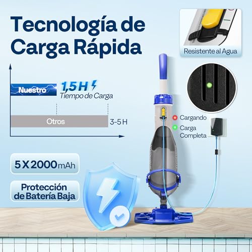 Detalle de VIVOHOME limpiafondos de piscina inalámbrico 70 LPM con pértiga telescópica 213 cm