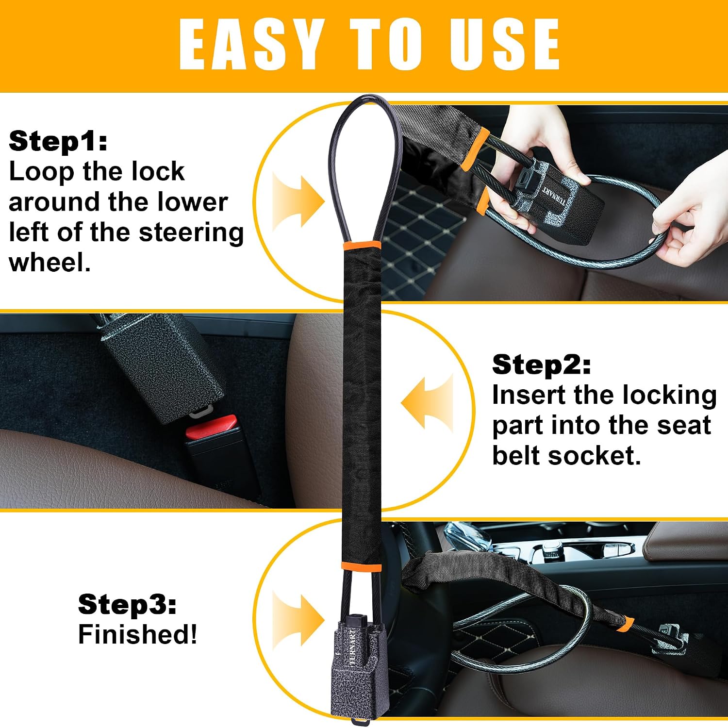 Thumbnail 4 de TURNART Steering Wheel Lock – Universal, Heavy-Duty Anti-Theft with Seat Belt Lock Design