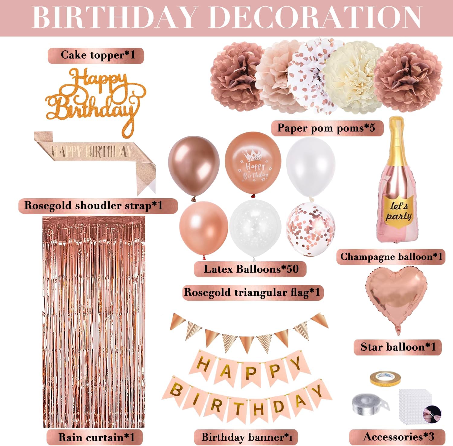 Thumbnail 1 de QGKFFOB Geburtstagsdeko Set in Roségold/Weiß mit „Happy Birthday“-Banner, Konfetti-Ballons, Pompons & Girlande