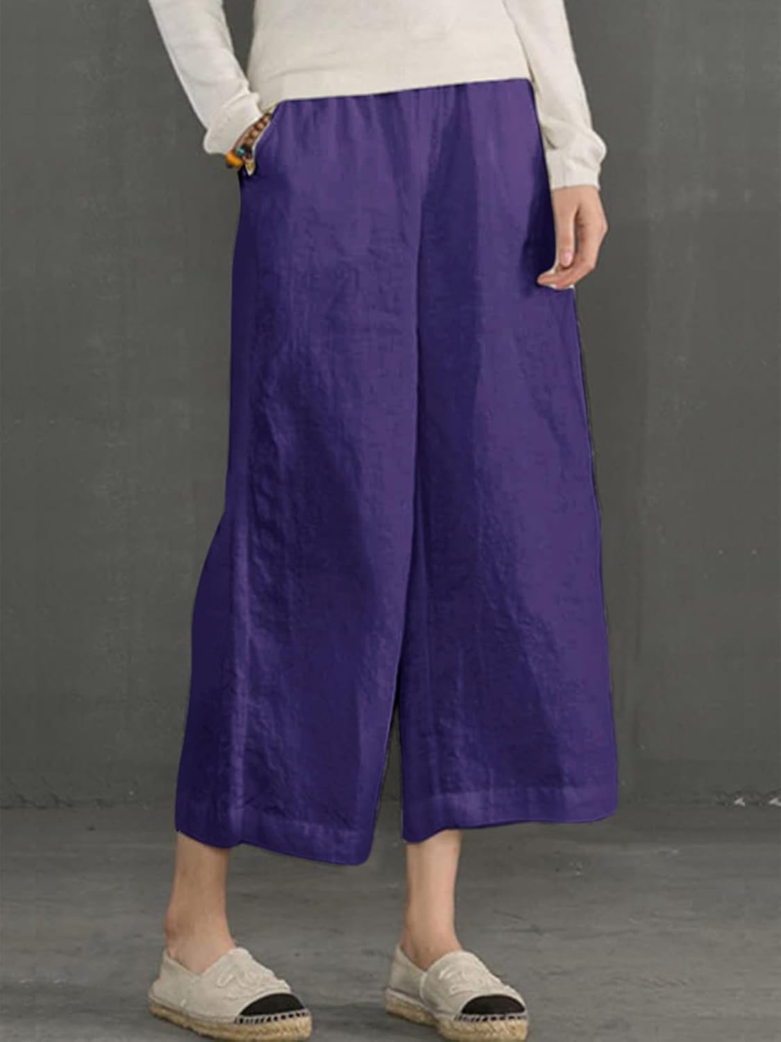 Thumbnail 2 de Womens Cotton Cropped Pants: Loose Fit, Wide Leg Capri with Elastic Waist (Plus Size)