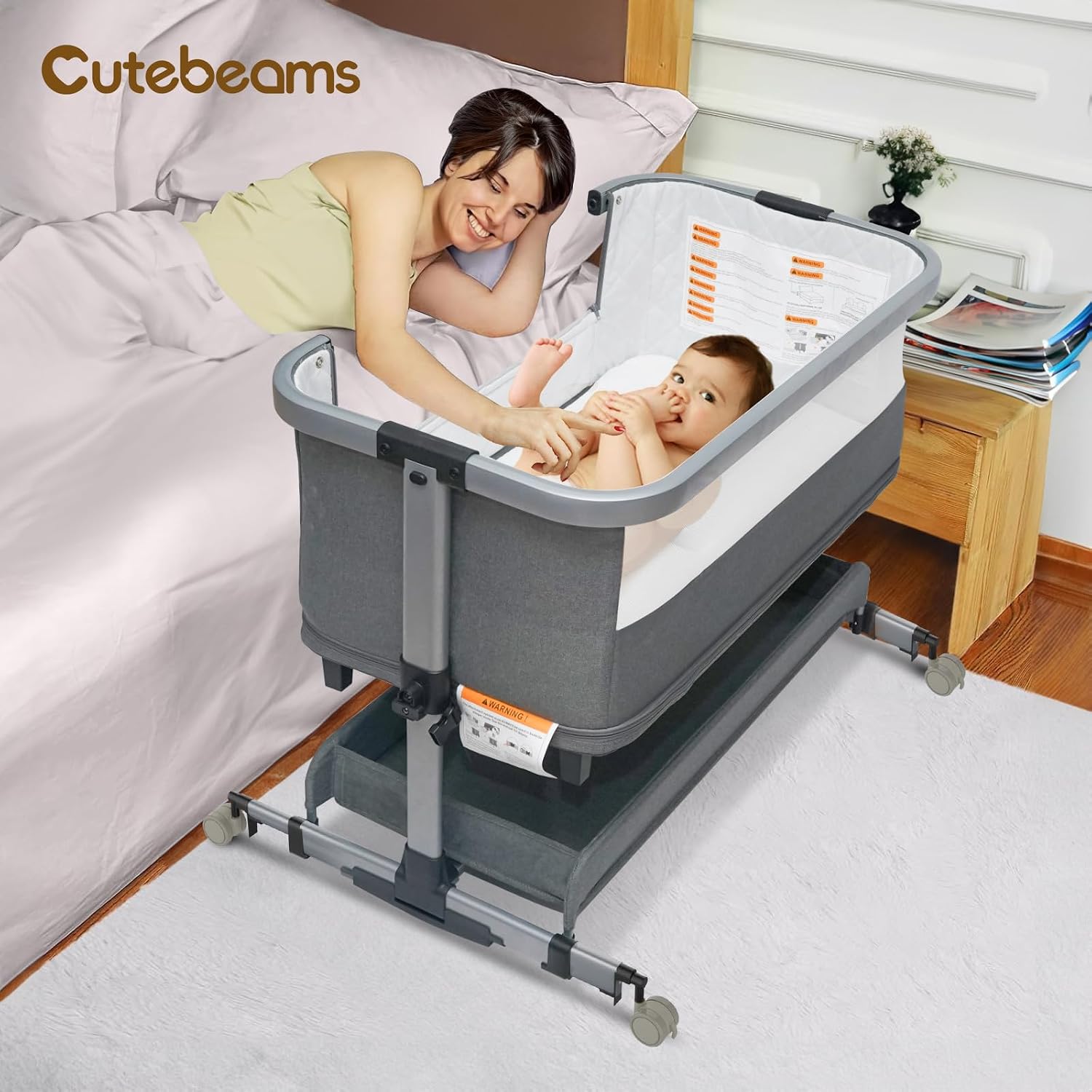 Detalle de cutebeams HB608-1 4-in-1 Baby Bassinet with Playpen, Adjustable Height and Rocking