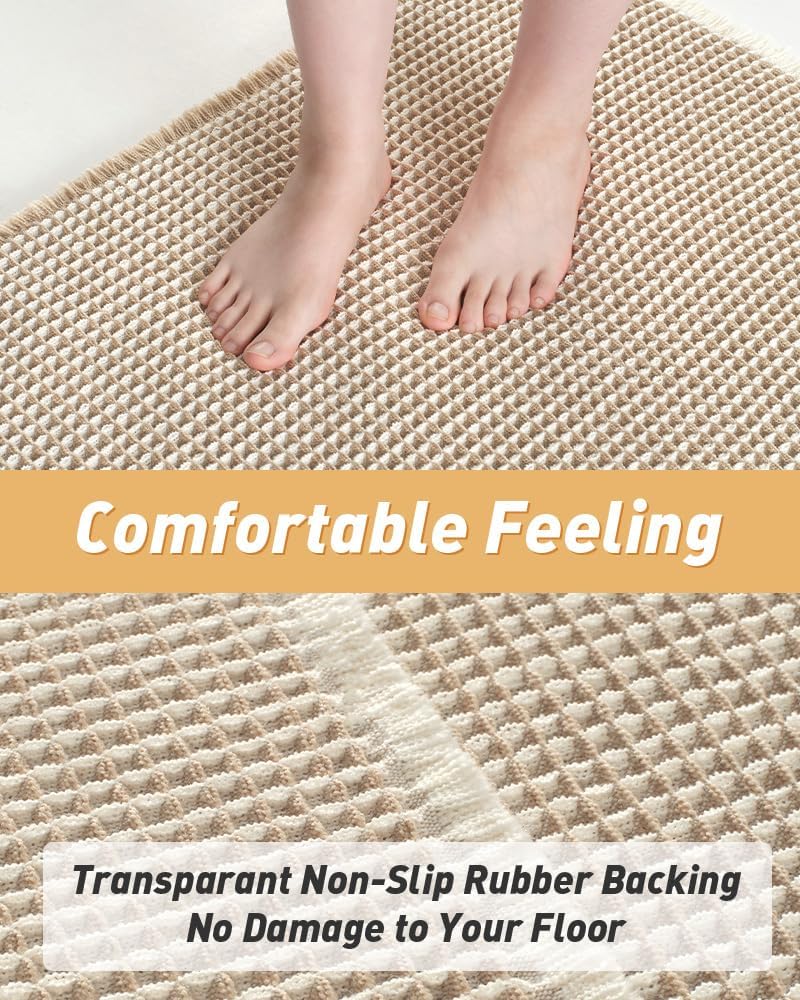 Thumbnail 2 de AMOAMI Upgraded Waffle Runner Rug (2' x 5') — Super Absorbent Non-Slip Bath Mat with Tassels, Brown & Cream