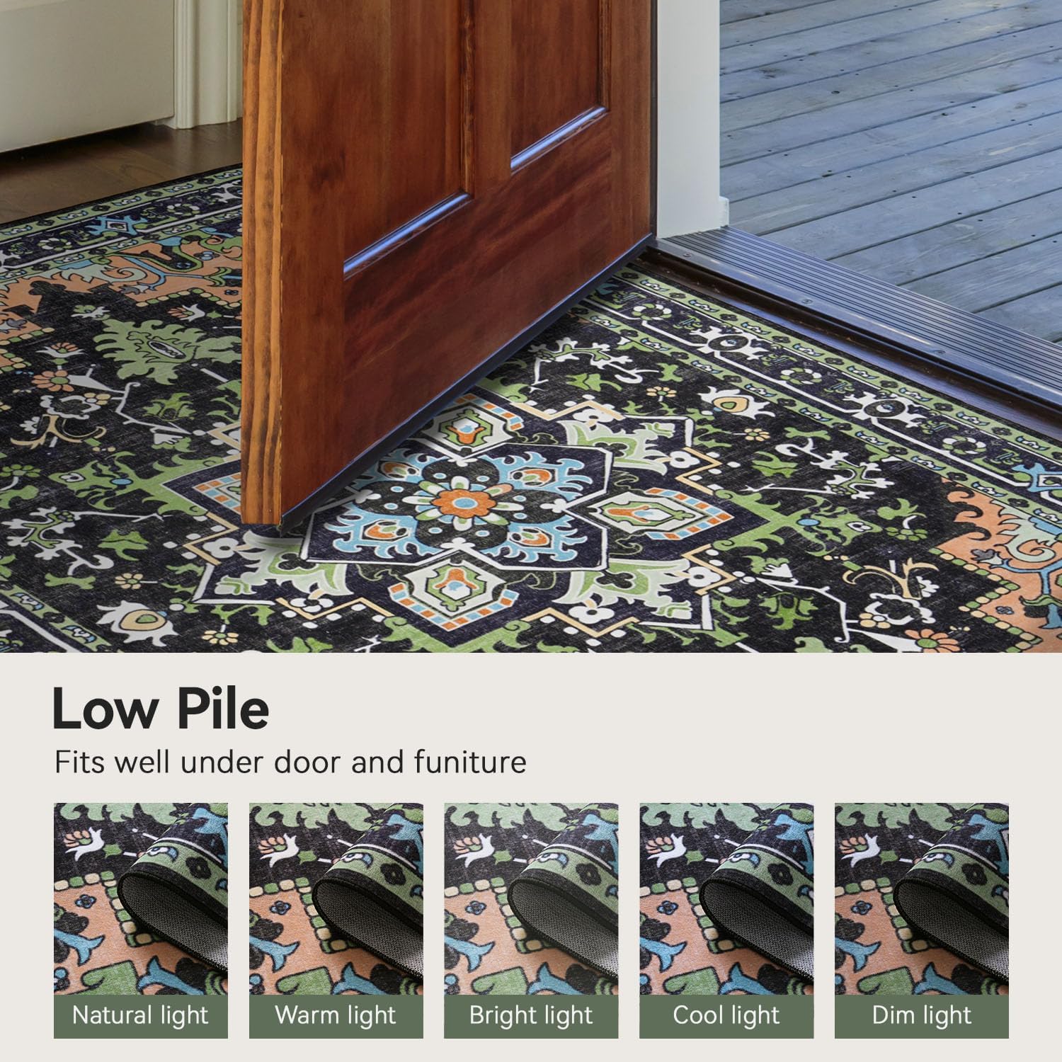 Thumbnail 6 de 5x7 Vintage Floral Washable Area Rug with Non-Slip Backing — Dark Green