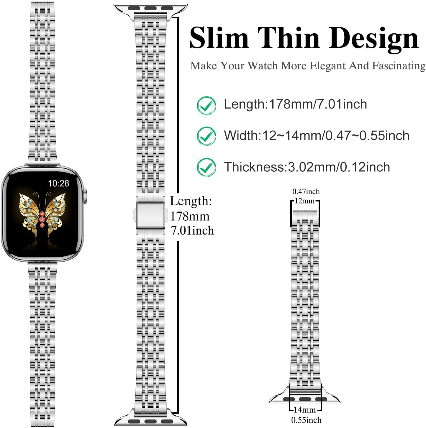 Detalle de MioHHR Slim Stainless Steel Chain Watch Strap (Silver) for Apple Watch 42/44/45/46/49mm