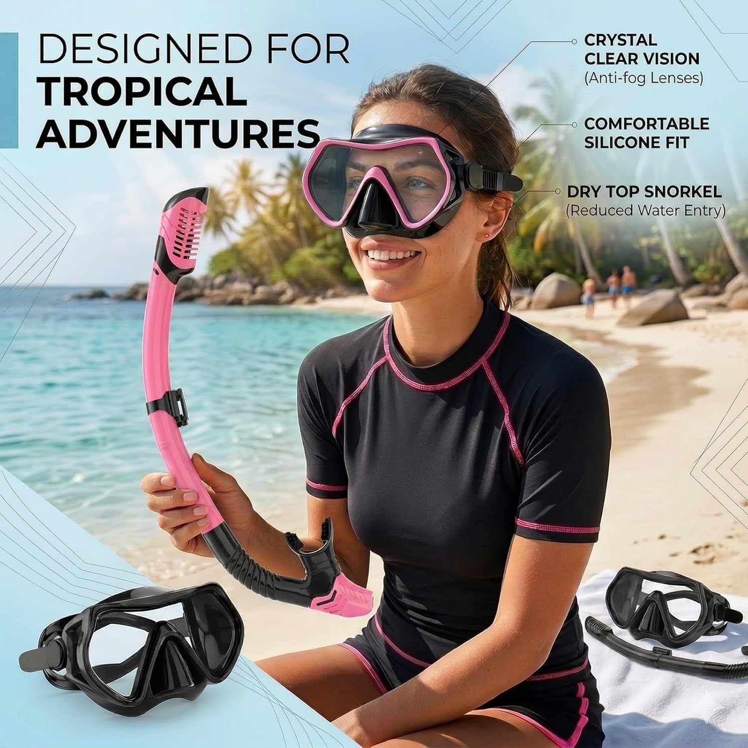 Detalle 2 de JRing Snorkel Mask Set for Adults — Dry Top with 180° Anti-Fog Glass and Purge Valve