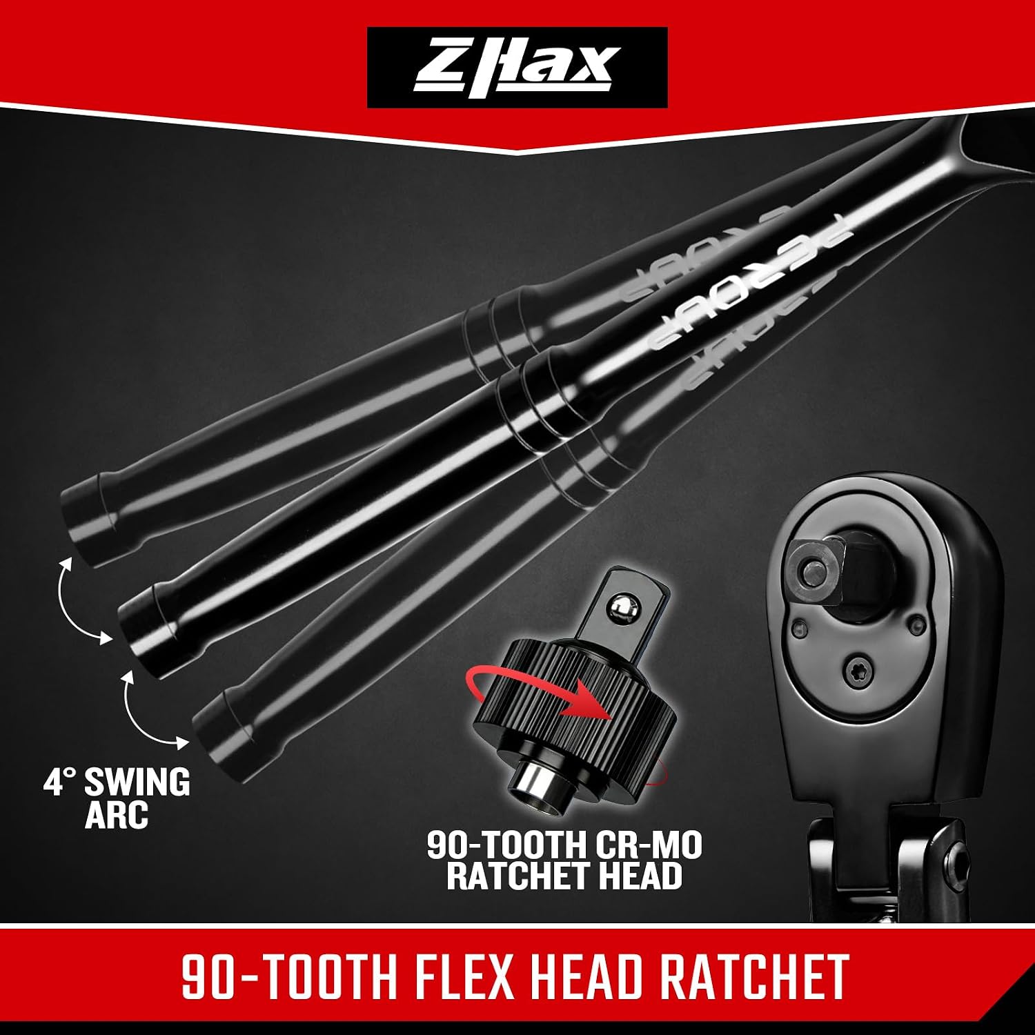 Detalle 2 de zhax 3/8" Drive Flex-Head Ratchet, 90-Tooth, 180° Swivel Head