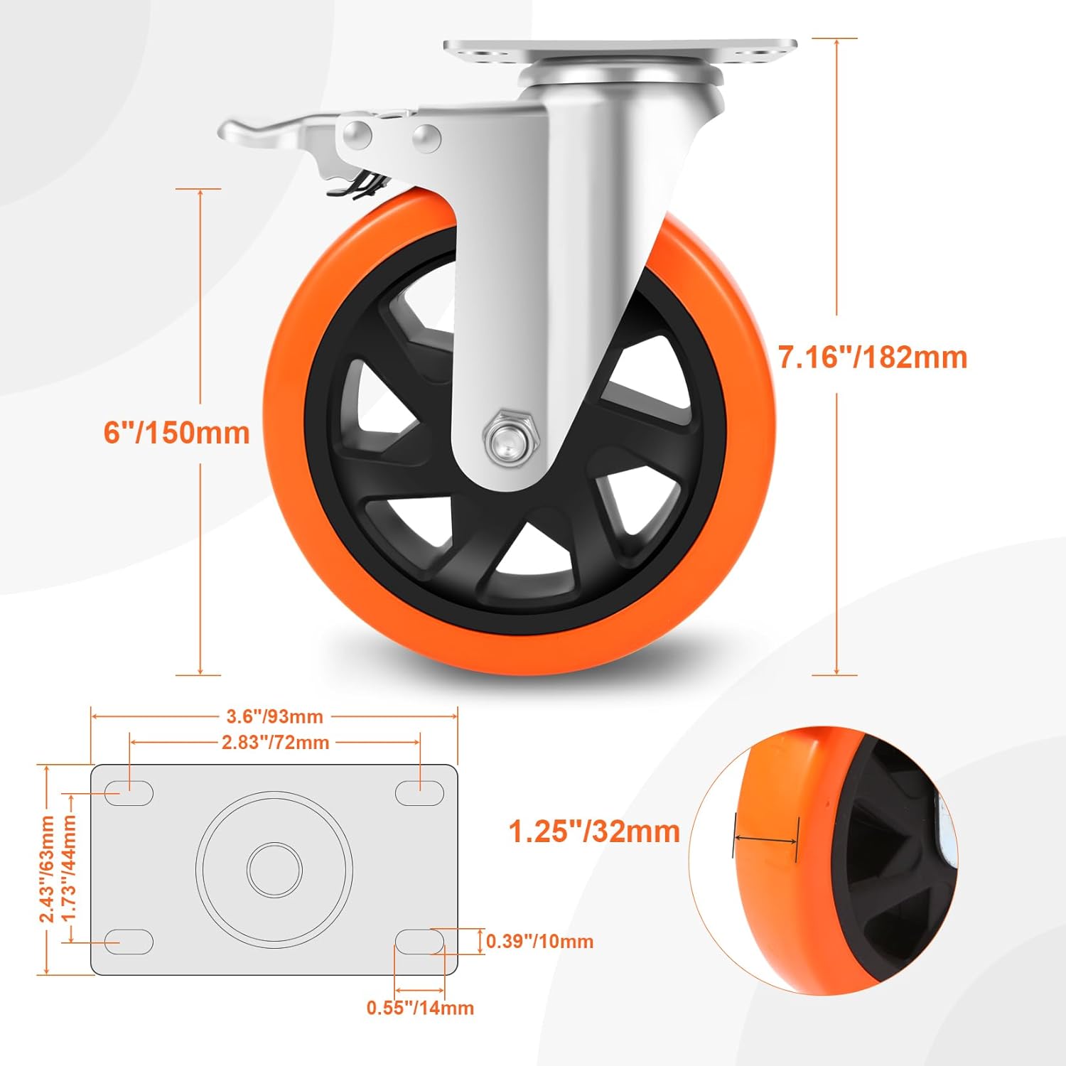 Thumbnail 4 de W B D WEIBIDA 150mm Ruote per Mobili Pesanti con 4 Freno – Set di 4