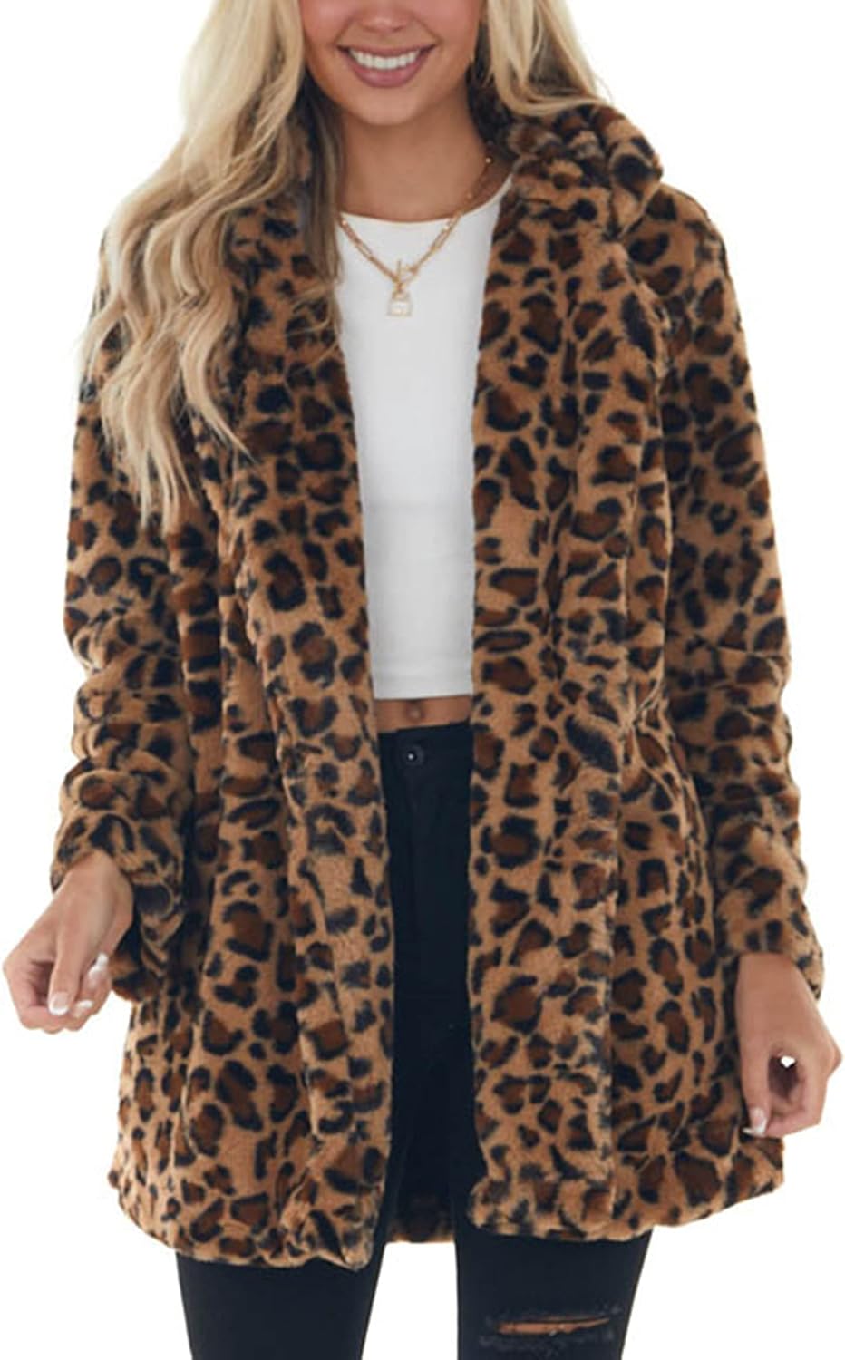 Detalle de Omoone Women's Leopard Faux Fur Coat, Open Front, Lined, with Pockets