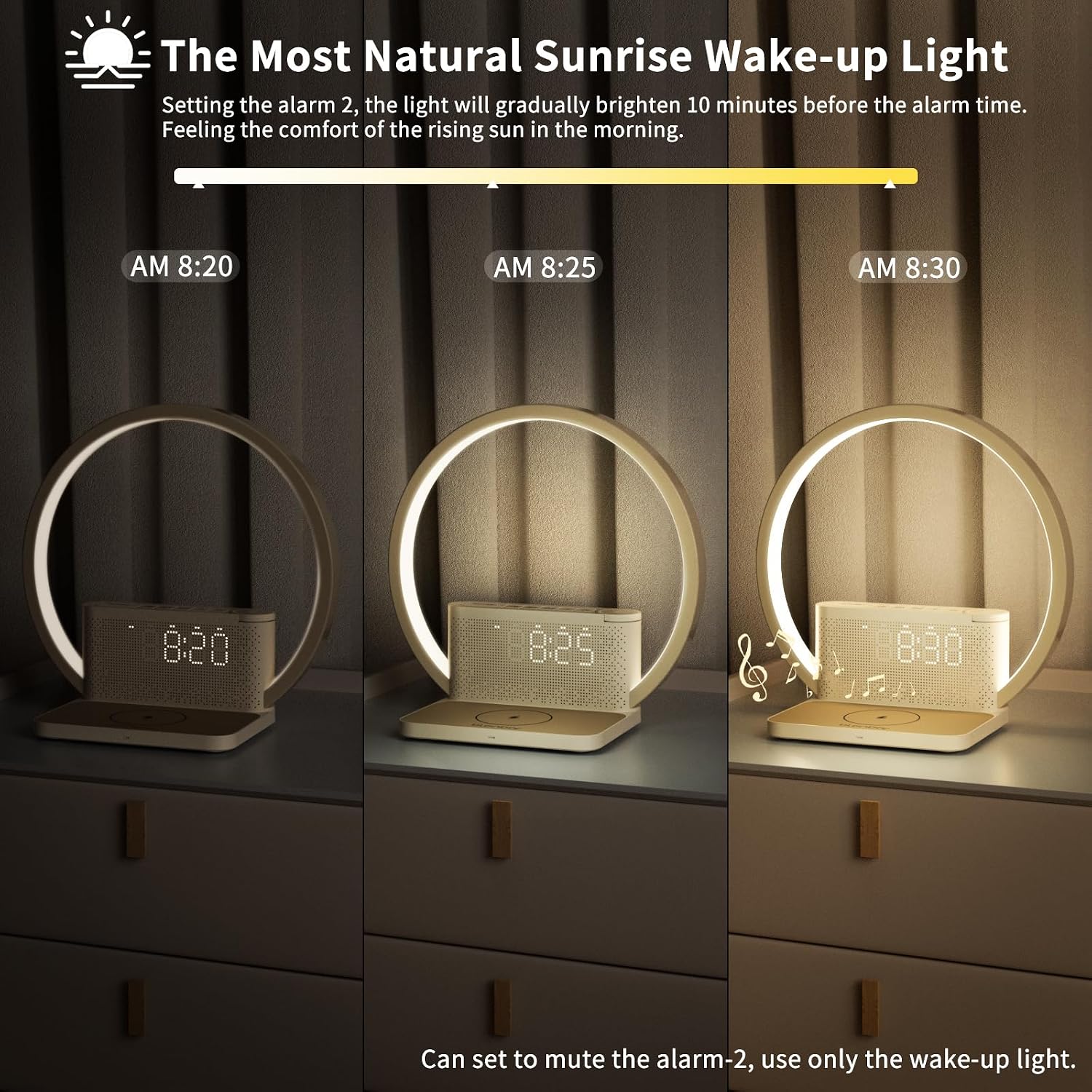 Detalle de blonbar Alarm Clock & Wake-up Light (Beige) – Sunrise Lamp with Dual Alarms and Wireless Charge