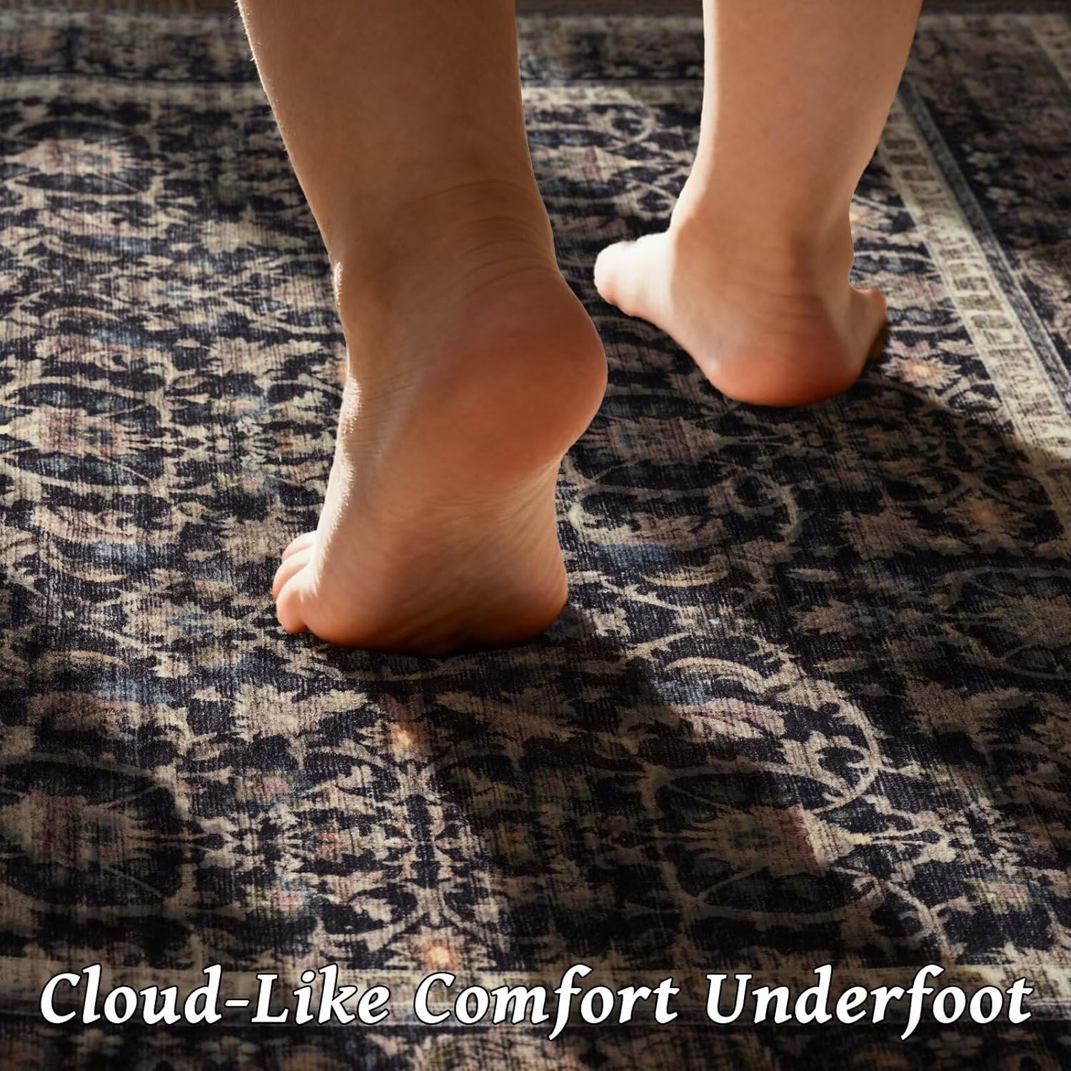 Thumbnail 3 de Washable 10x14 Area Rugs for Living Room, Boho Non-Slip Vintage Distress Rug (Neutral Oriental, Thin 0.3")