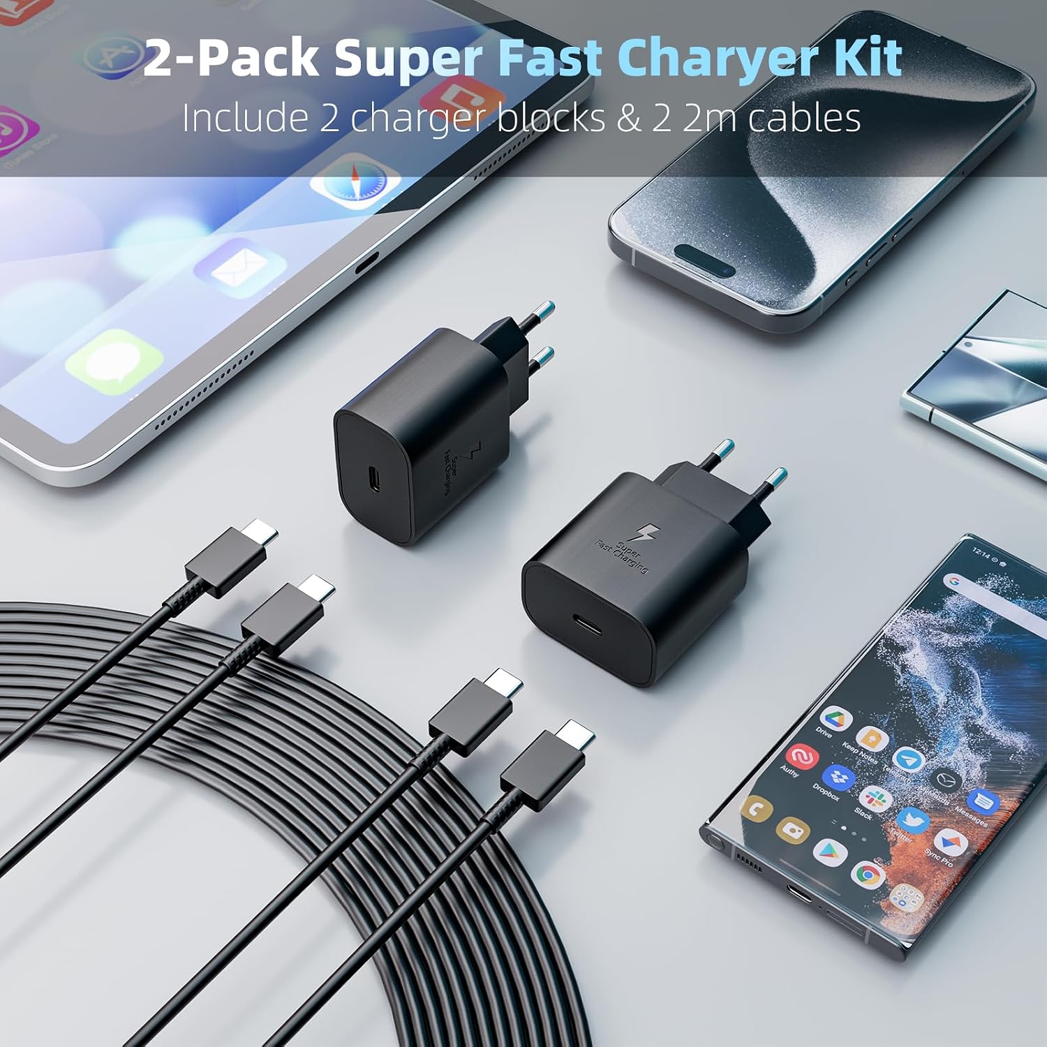 Detalle de 2er-Pack 25W USB-C Ladegerät mit 2 m Kabel – Schnellladegerät für Samsung Galaxy Serie