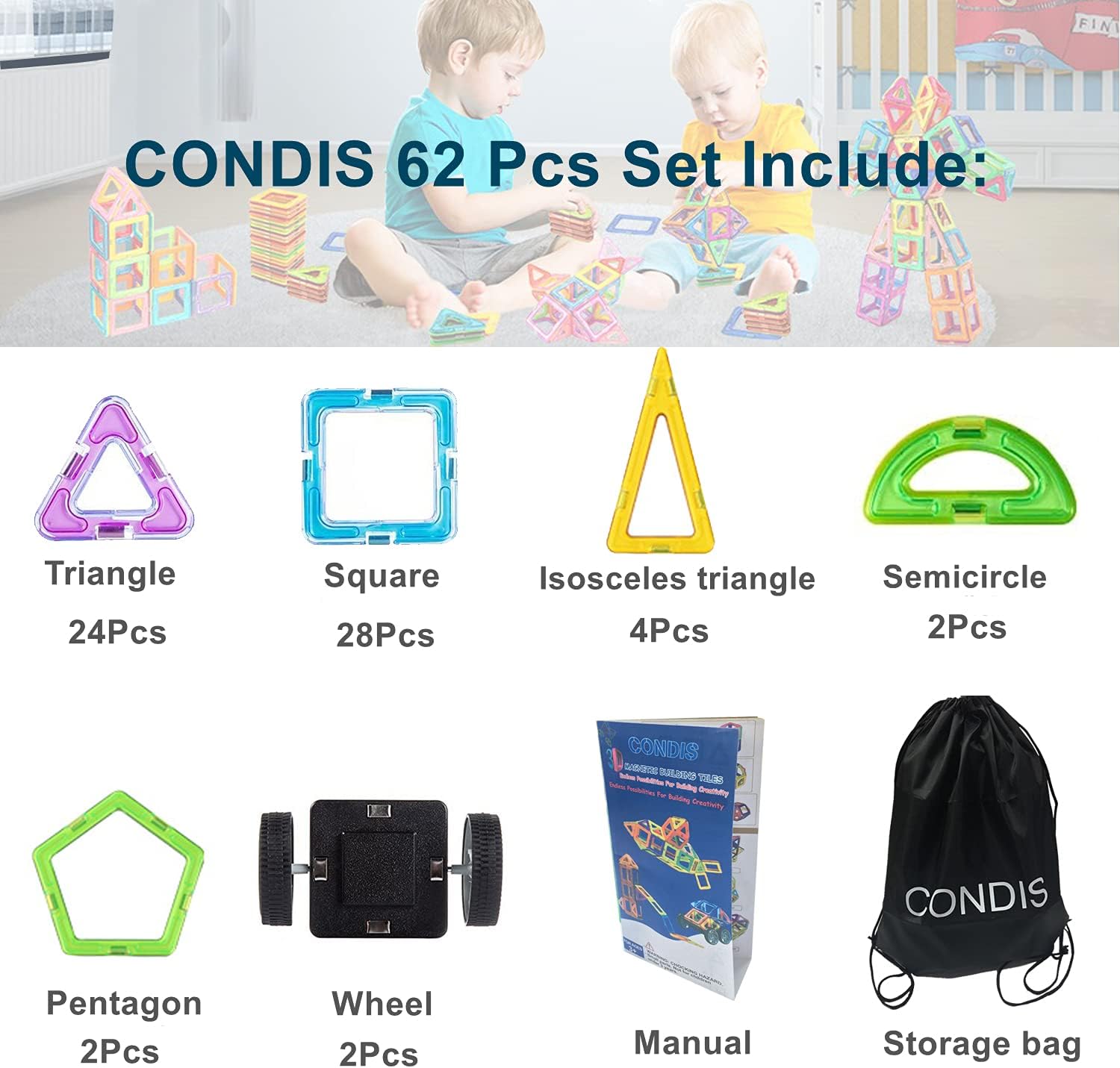 Thumbnail 5 de CONDIS Magnetische Bausteine 62 Teile – Magnetspiel STEM für Vorschule ab 3 Jahren (Montessori)