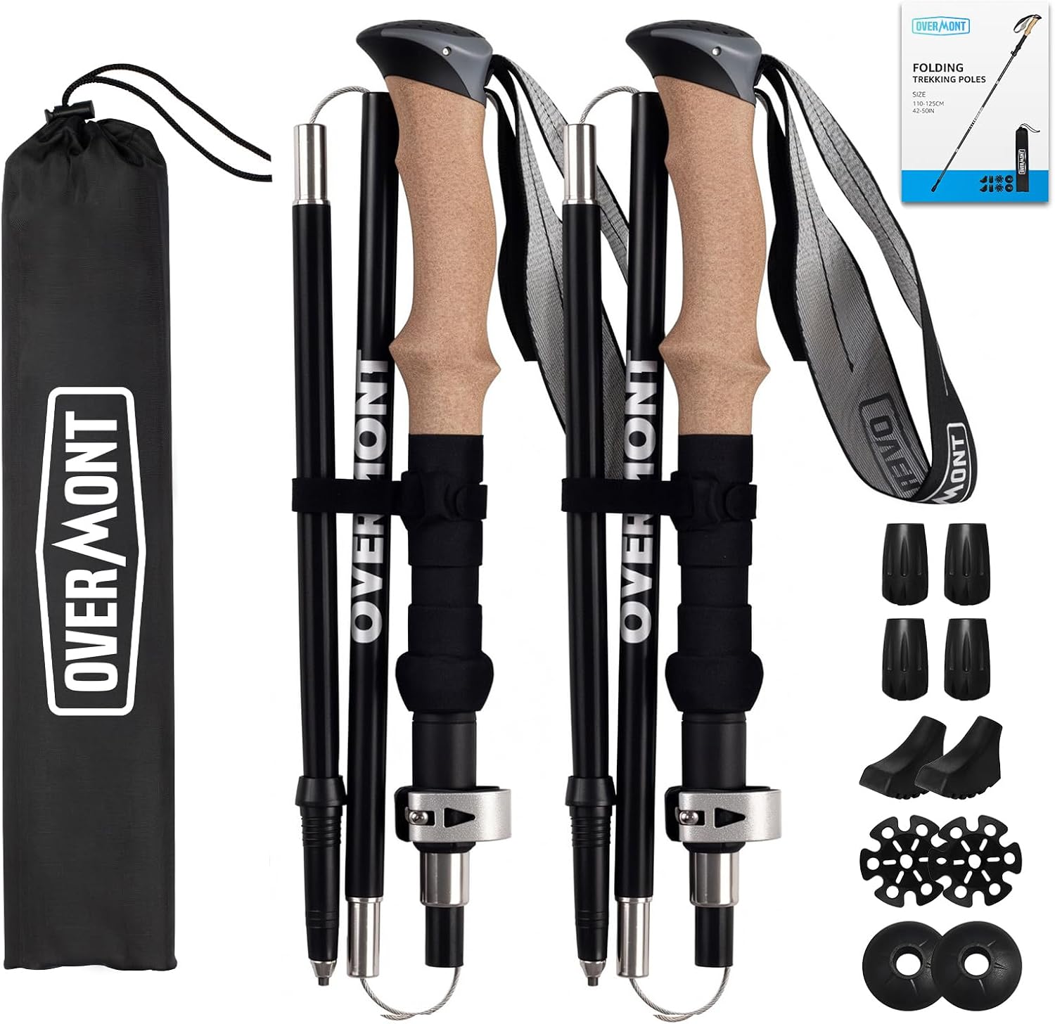Detalle de Overmont Bastoni da trekking pieghevoli in alluminio 105-125 cm – 1 paio con accessori per tutto il terrain