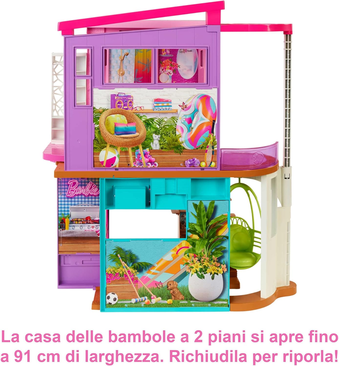 Detalle de Barbie Casa di Malibu (106 cm) playset con 2 piani, 6 stanze, più di 30 pezzi, ascensore e altalena HCD50