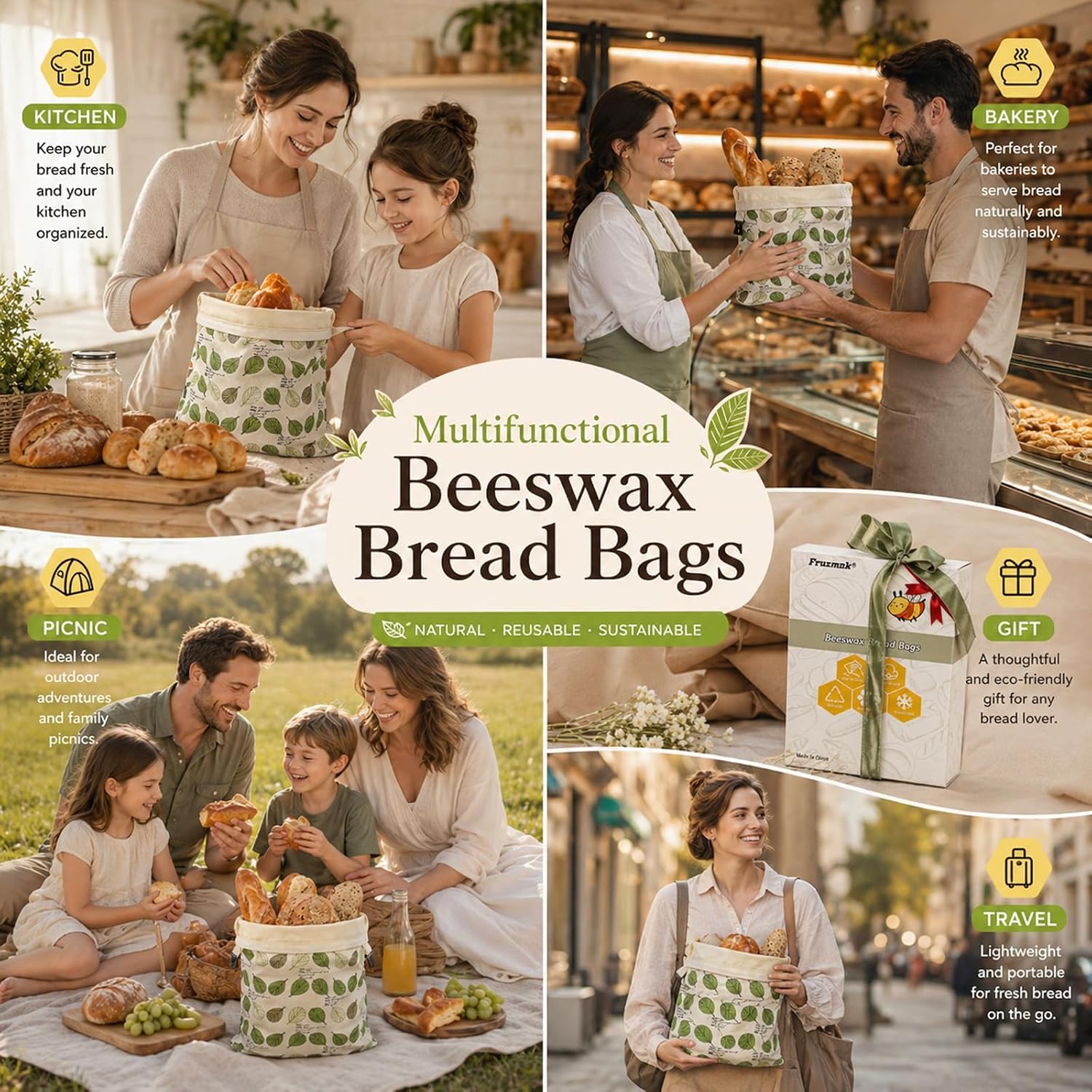 Thumbnail 6 de Fruzmzk Beeswax Bread Bag for Home Bakers (2 Pack) 17"×13" with Natural Beeswax Lining
