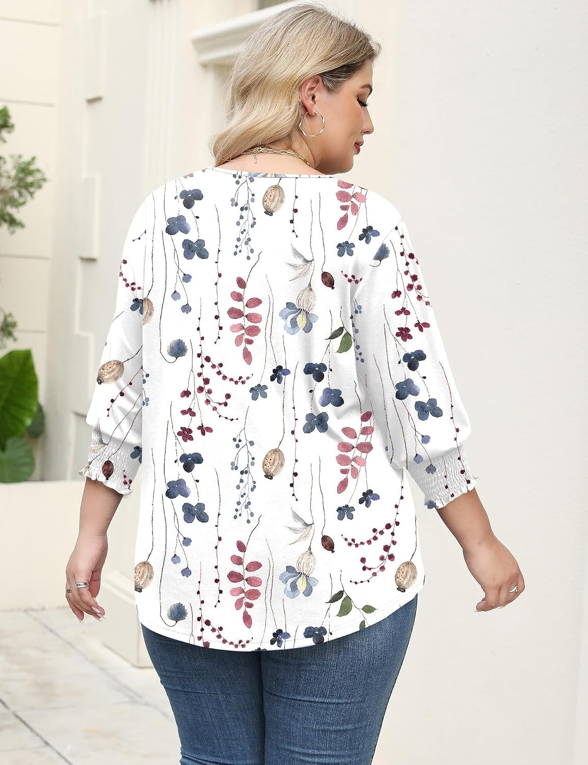 Thumbnail 3 de Rapbin Plus Size 3/4 Sleeve V-Neck Tunic Tops (1X–5X) with Smocked Sleeves