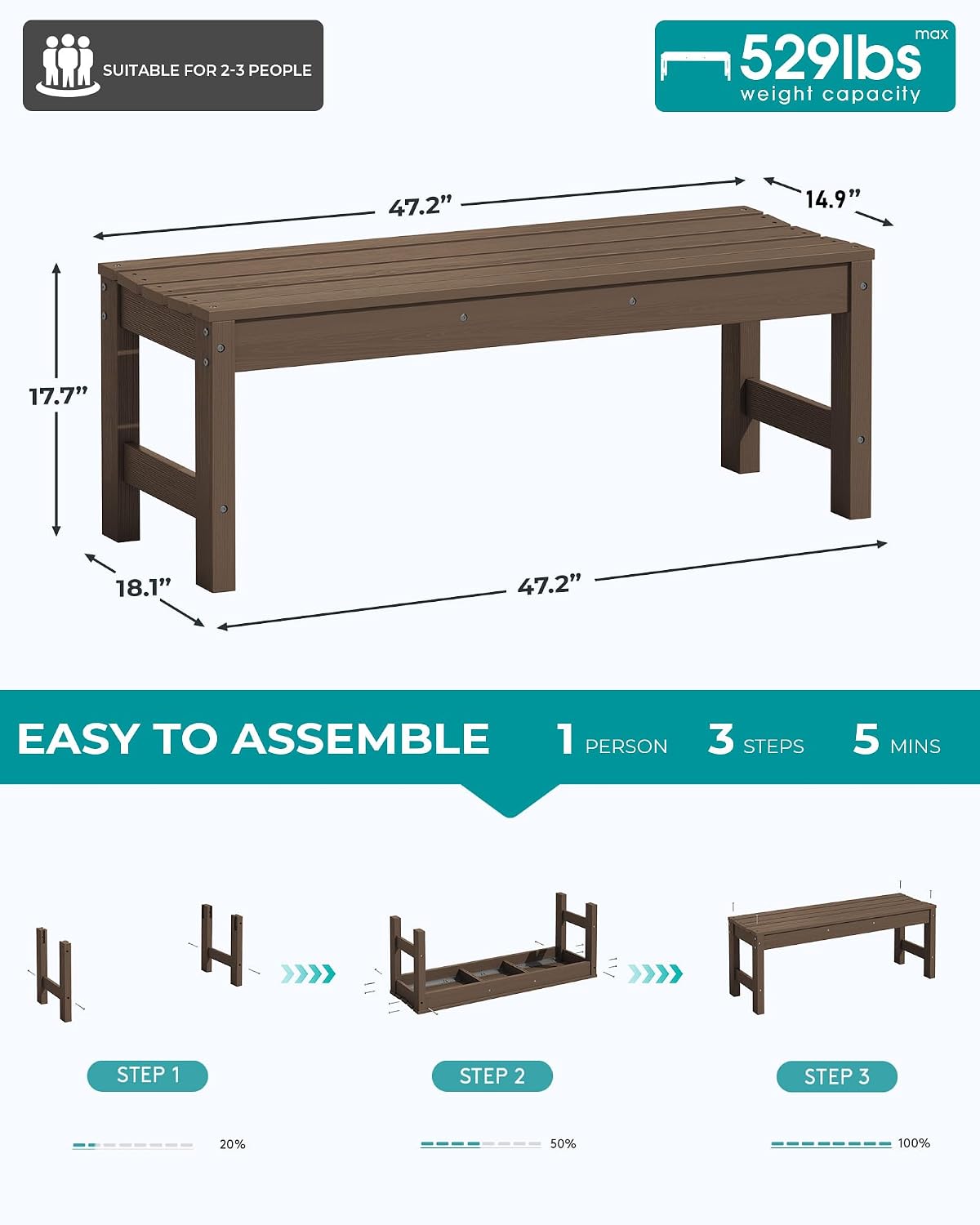 Detalle de SERWALL P041-178 47-Inch Backless Outdoor Bench, Coffee HDPE, 2-Pack