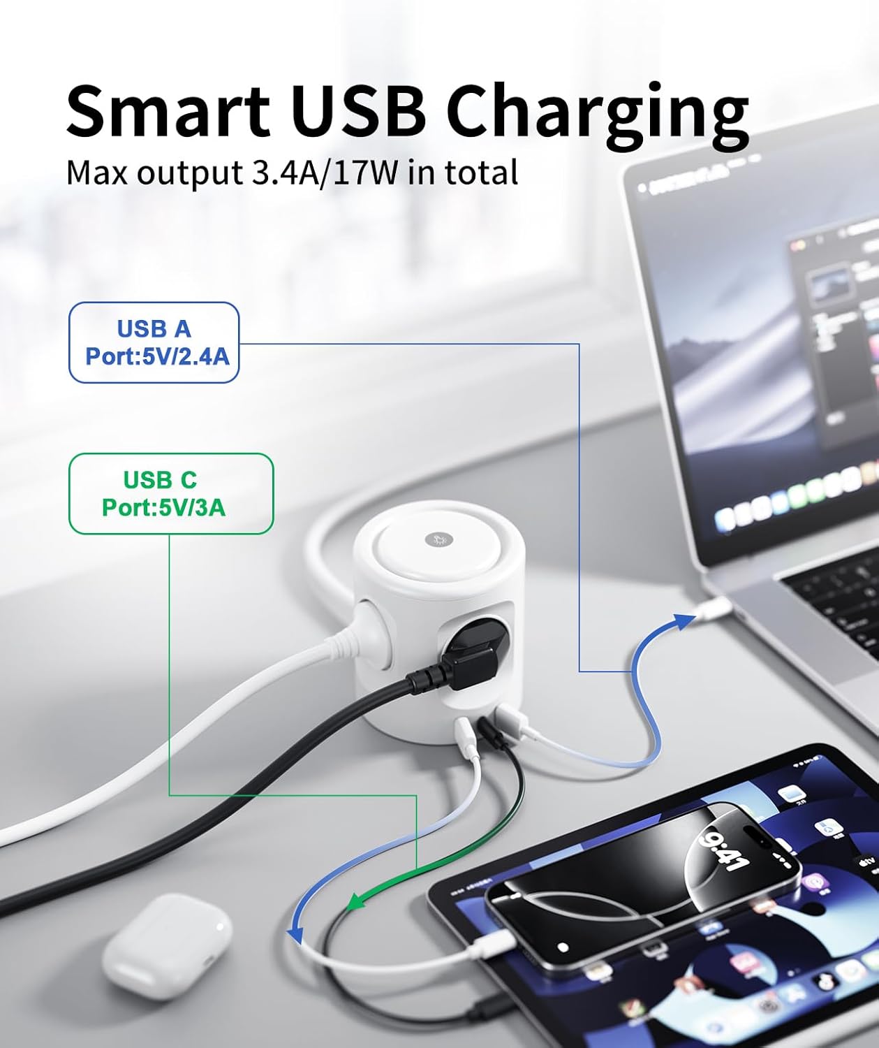 Detalle de Ciabatta multipresa con luce e 3 porte USB (USB-C + USB-A) 16A 2 m con interruttore, ciabatta a 4 scomparti Schuko