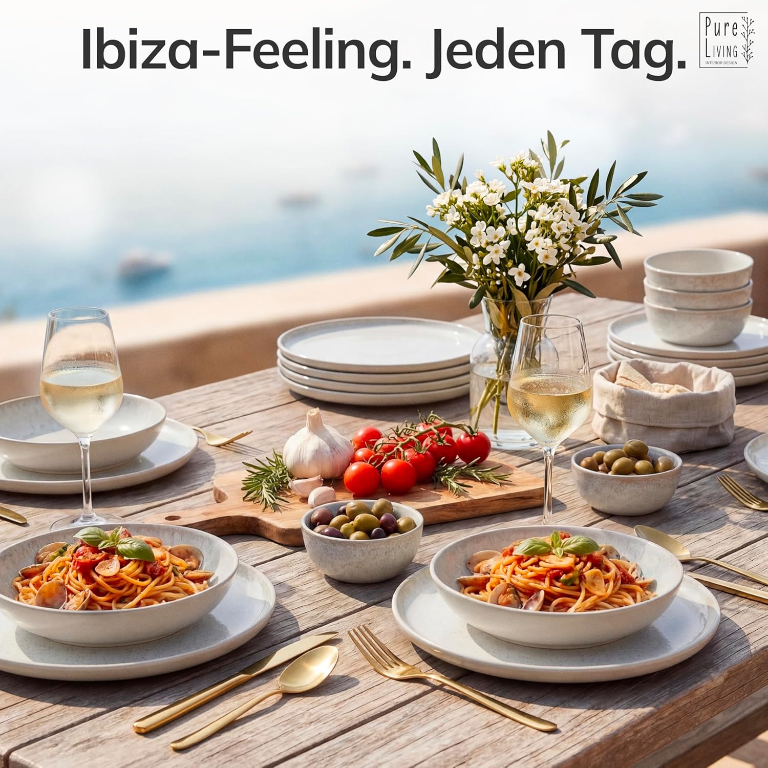 Detalle 2 de Steingut Servierschüssel Ibiza – Großes Serving Bowl aus Steinzeug, TESTSIEGER in Beige