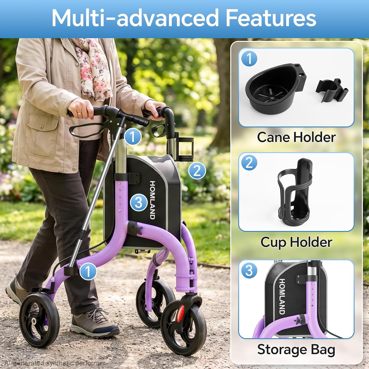 Detalle de HOMLAND Foldable 3 Wheel Walker for Seniors with Cane & Cup Holder — Lightweight 10.4 lbs, Lavender
